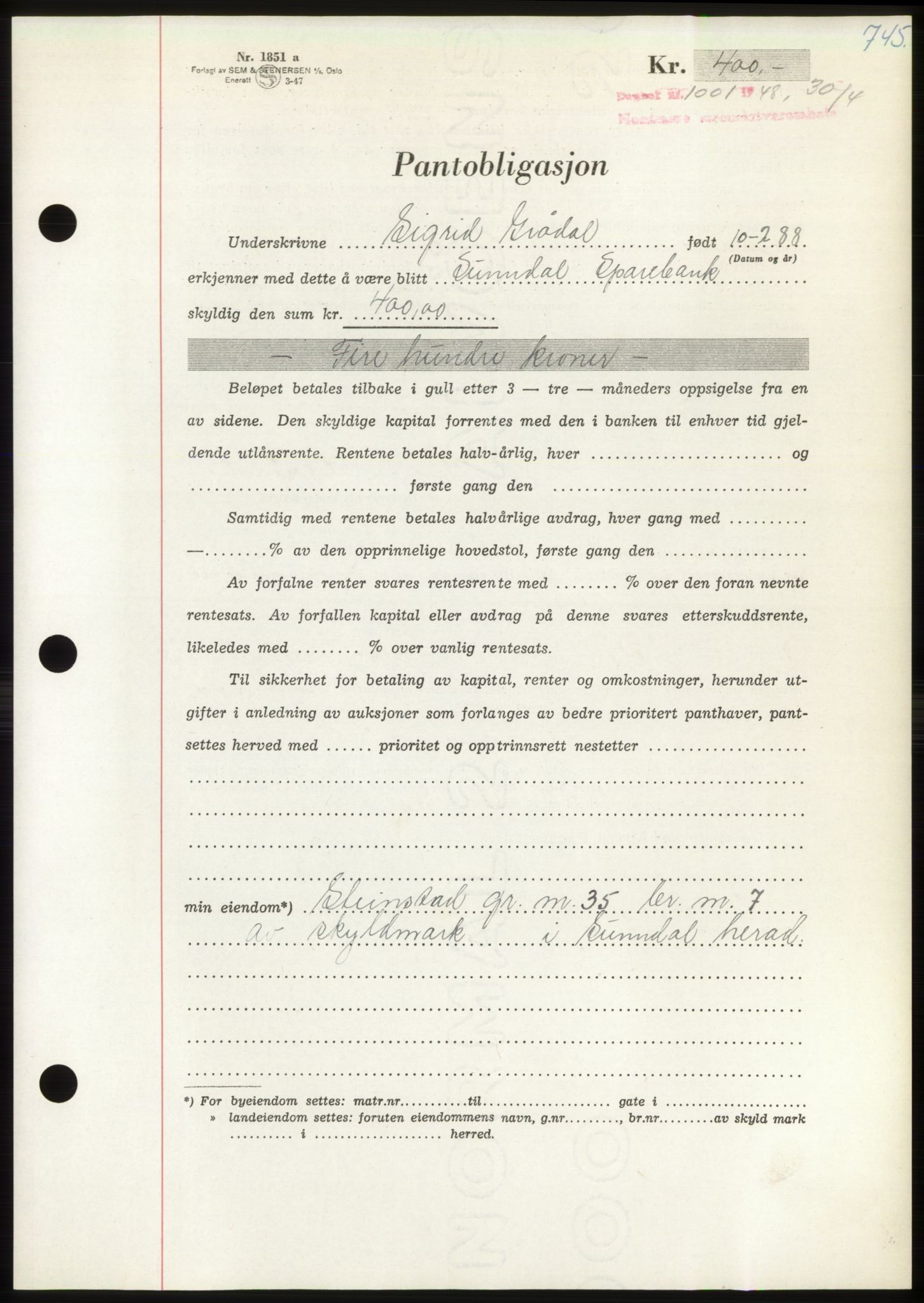 Nordmøre sorenskriveri, SAT/A-4132/1/2/2Ca: Pantebok nr. B98, 1948-1948, Dagboknr: 1001/1948