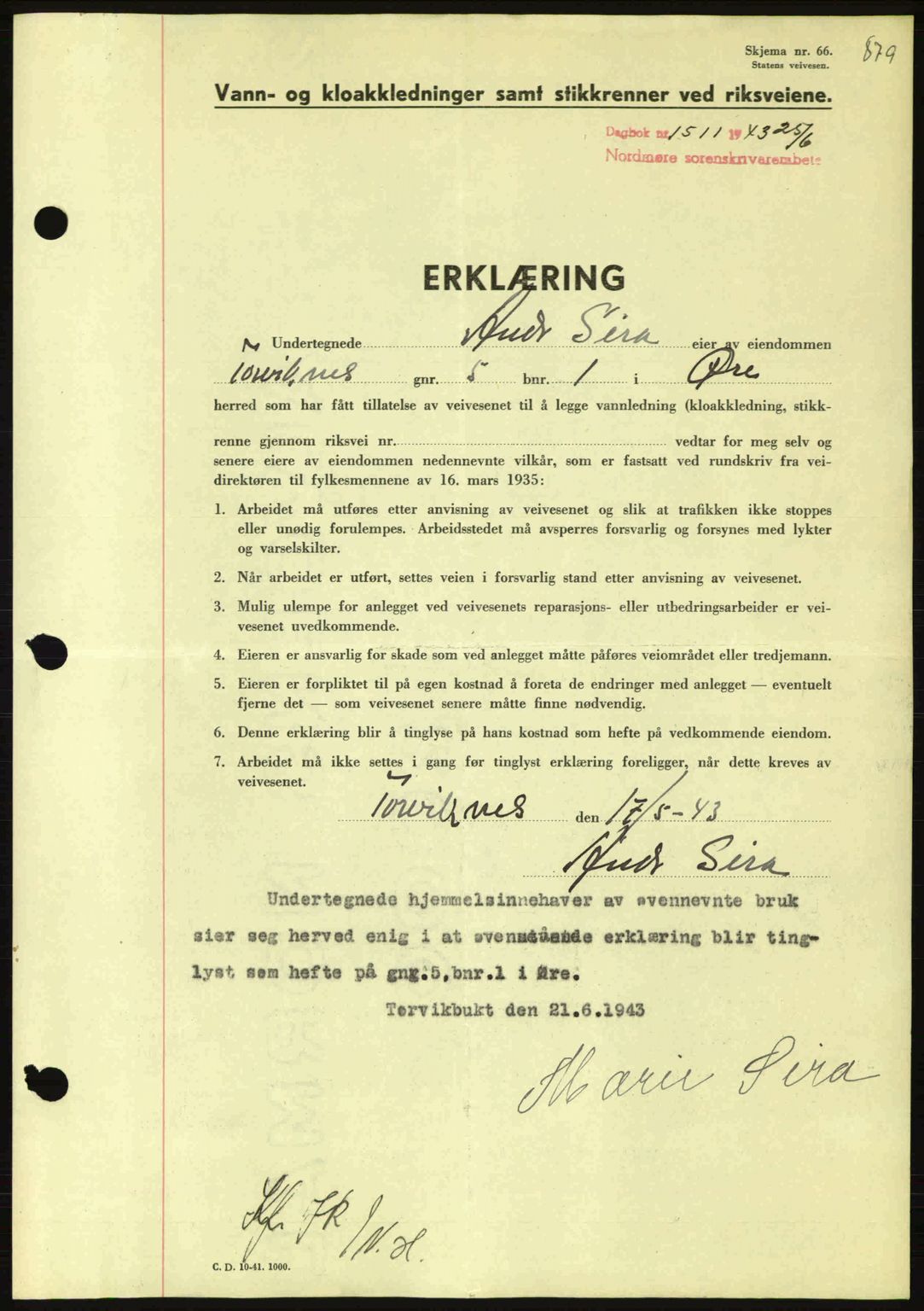 Nordmøre sorenskriveri, SAT/A-4132/1/2/2Ca: Pantebok nr. B90, 1942-1943, Dagboknr: 1511/1943