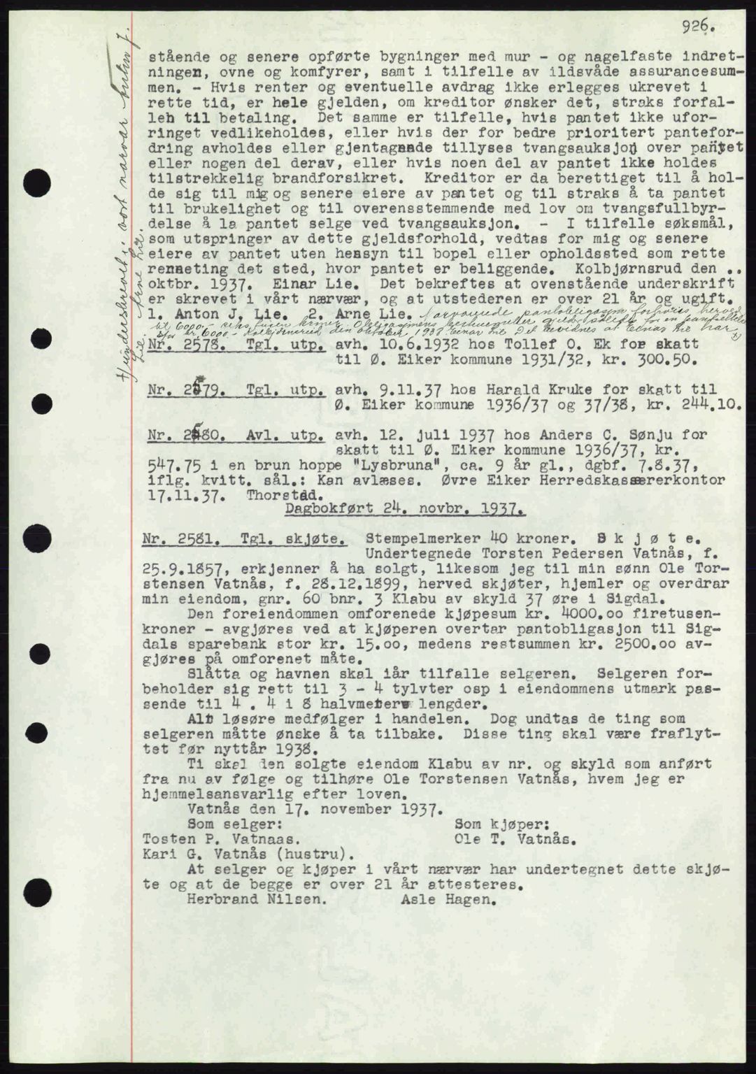 Eiker, Modum og Sigdal sorenskriveri, SAKO/A-123/G/Ga/Gab/L0036: Pantebok nr. A6, 1937-1937, Dagboknr: 2578/1937