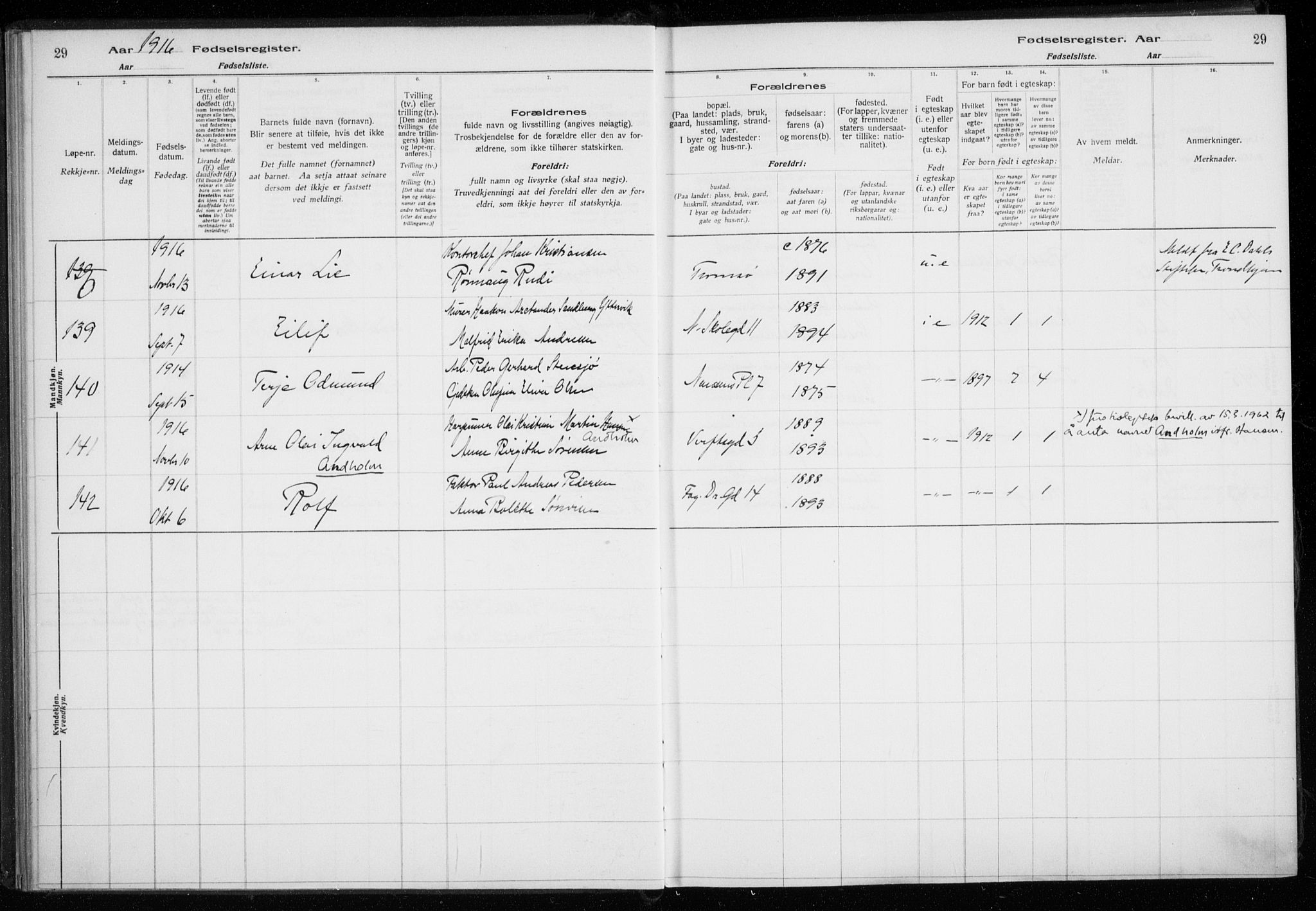 Tromsø sokneprestkontor/stiftsprosti/domprosti, AV/SATØ-S-1343/H/Ha/L0131: Fødselsregister nr. 131, 1916-1921, s. 29