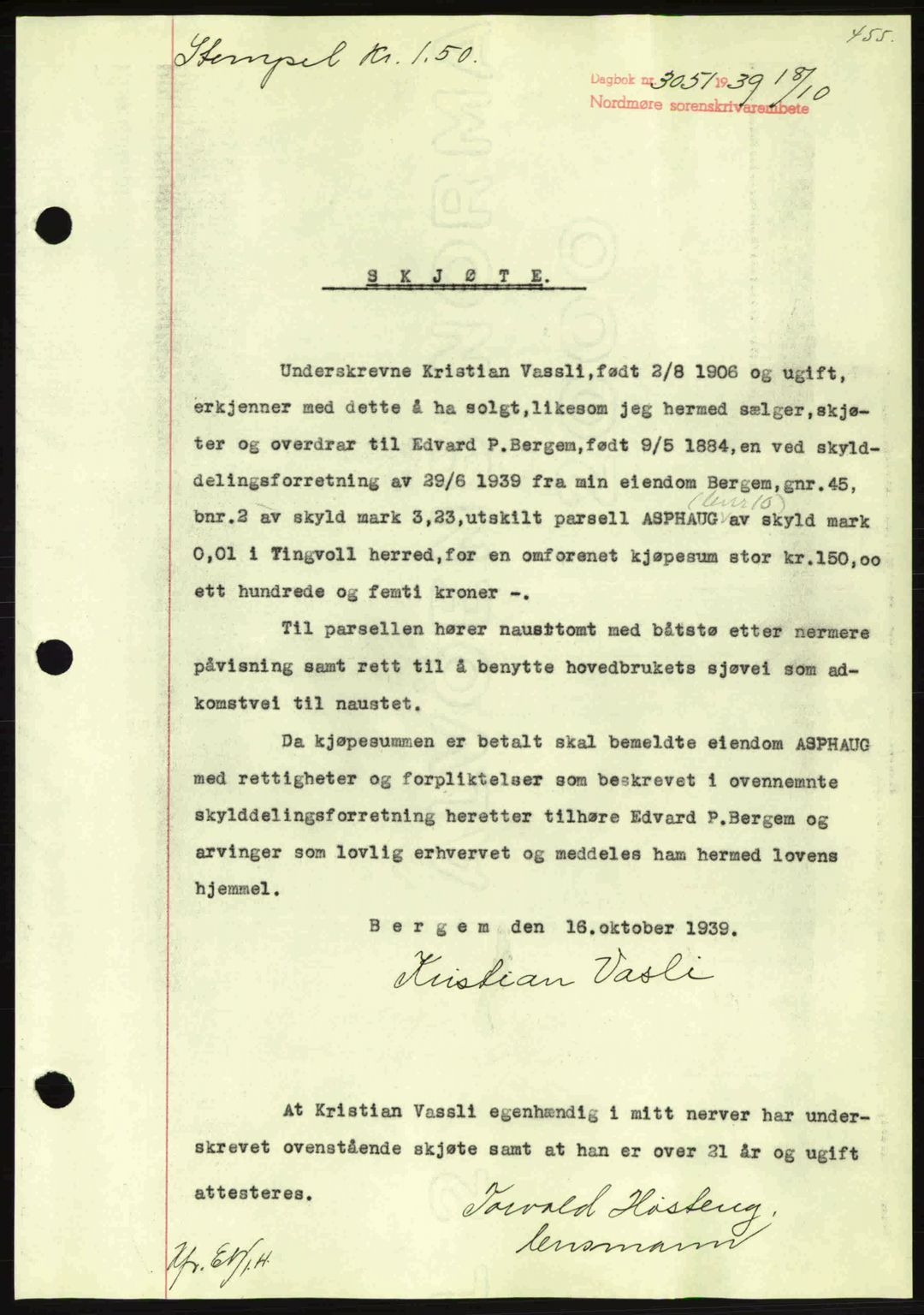 Nordmøre sorenskriveri, SAT/A-4132/1/2/2Ca: Pantebok nr. A87, 1939-1940, Dagboknr: 3051/1939