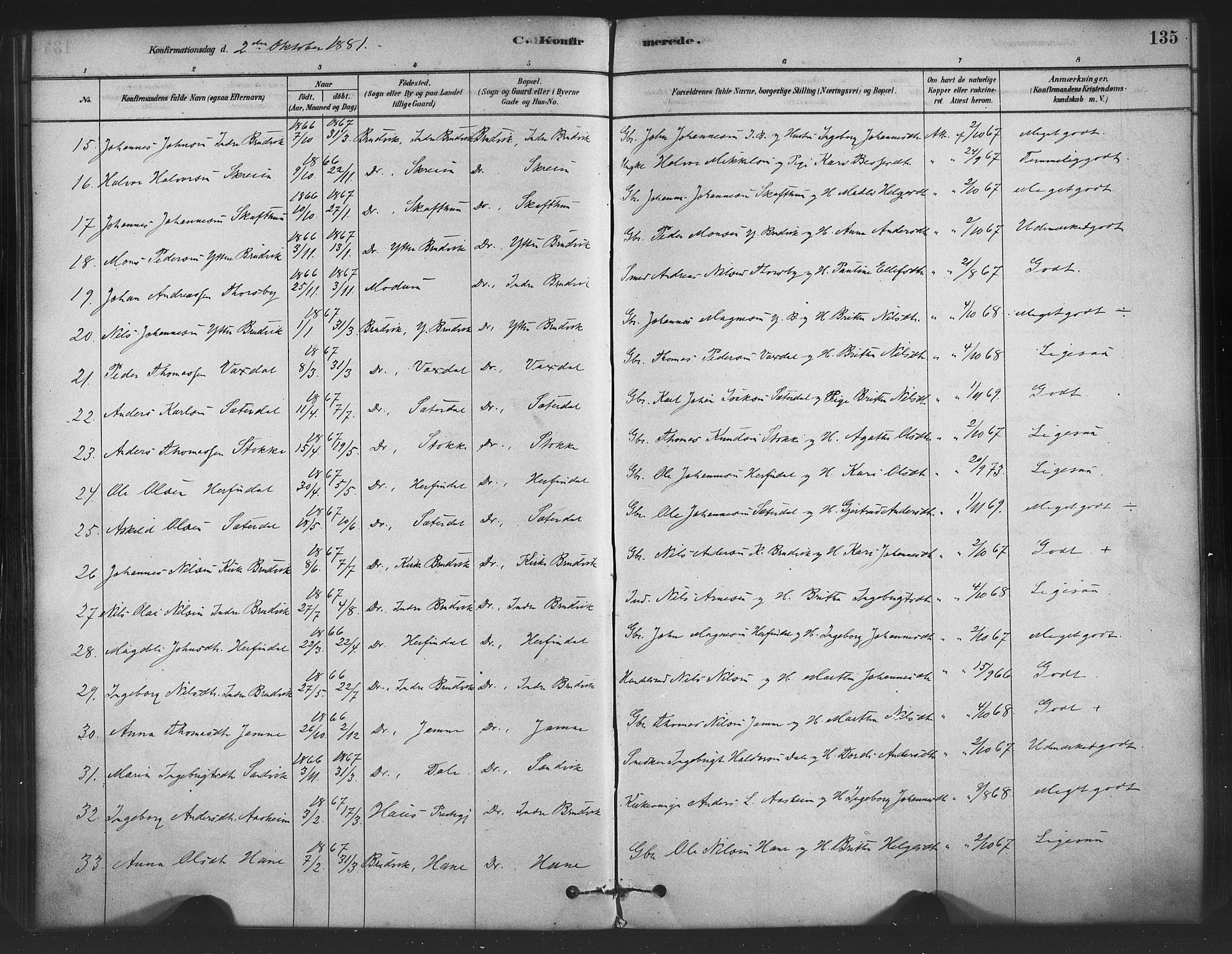 Bruvik Sokneprestembete, AV/SAB-A-74701/H/Haa: Ministerialbok nr. B 1, 1878-1904, s. 135