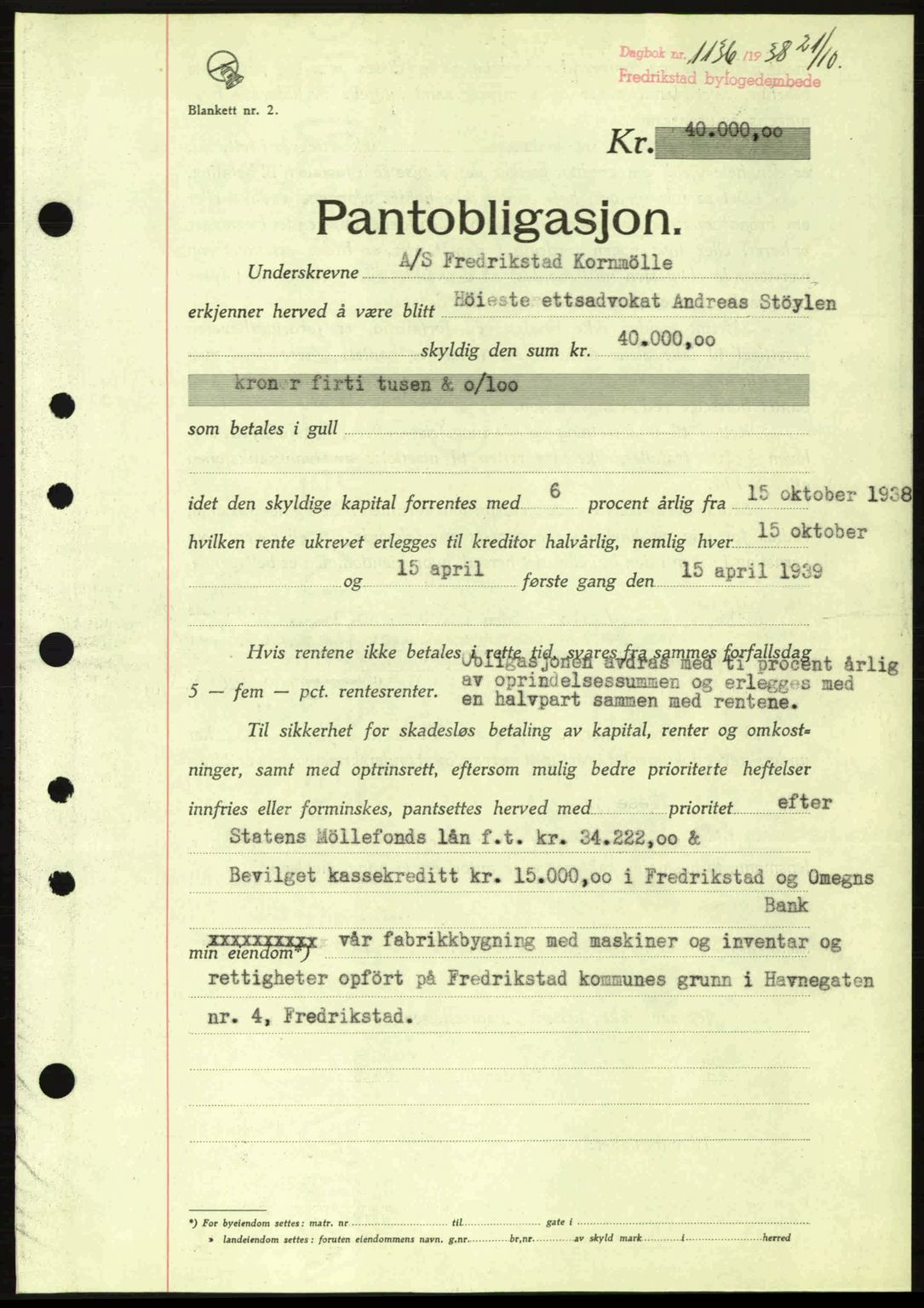 Fredrikstad byfogd, SAO/A-10473a/G/Ga/Gad/L0002: Pantebok nr. B2, 1938-1939, Dagboknr: 1136/1938