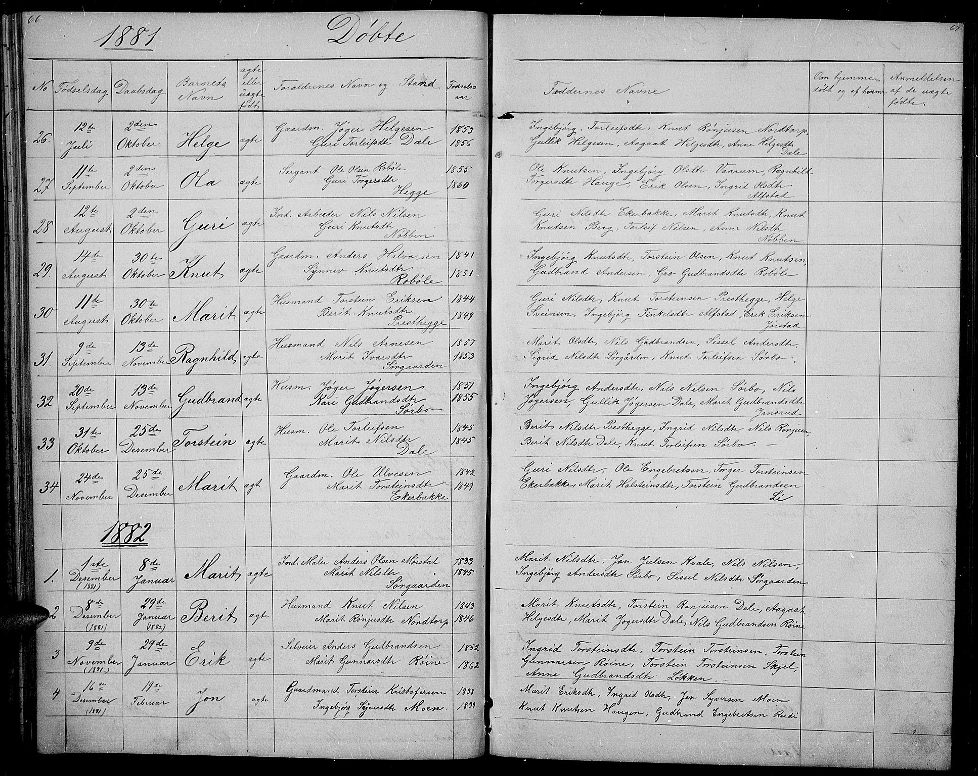 Øystre Slidre prestekontor, AV/SAH-PREST-138/H/Ha/Hab/L0001: Klokkerbok nr. 1, 1866-1886, s. 66-67