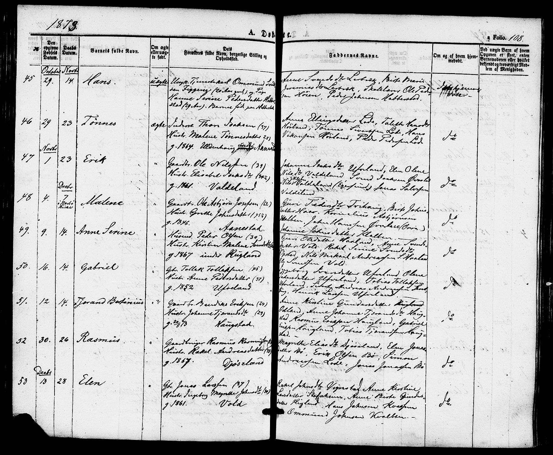 Hå sokneprestkontor, AV/SAST-A-101801/001/30BA/L0009: Ministerialbok nr. A 8, 1855-1878, s. 108