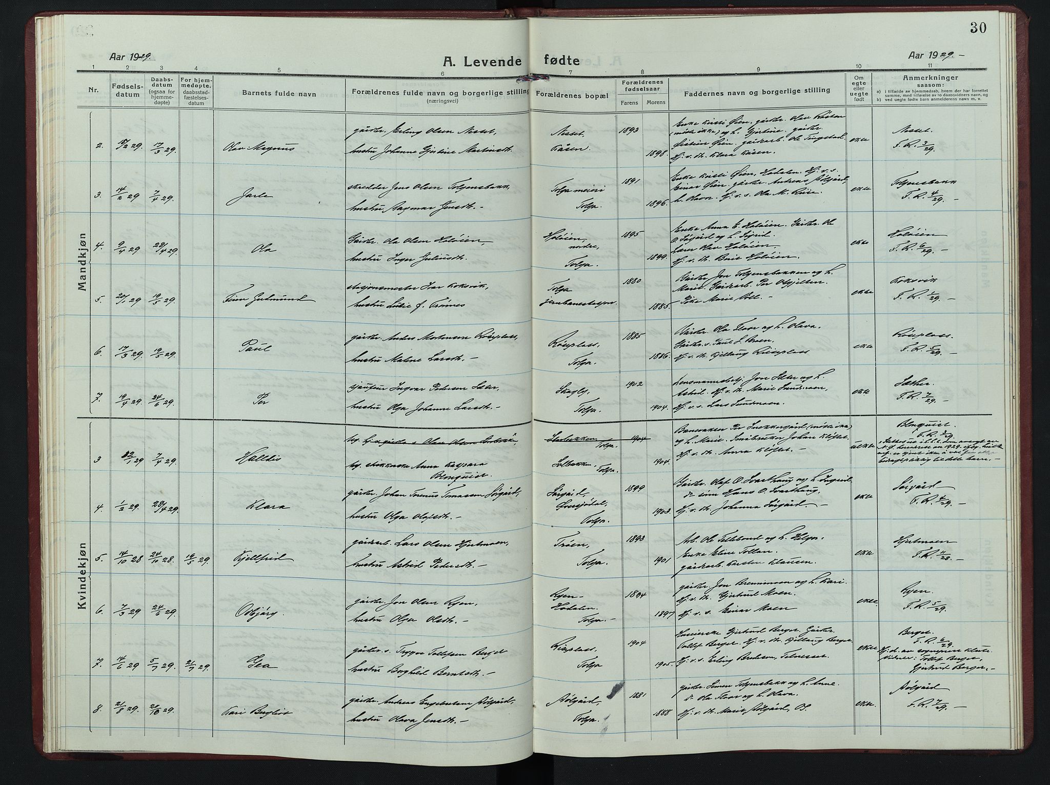Tolga prestekontor, AV/SAH-PREST-062/L/L0016: Klokkerbok nr. 16, 1919-1947, s. 30
