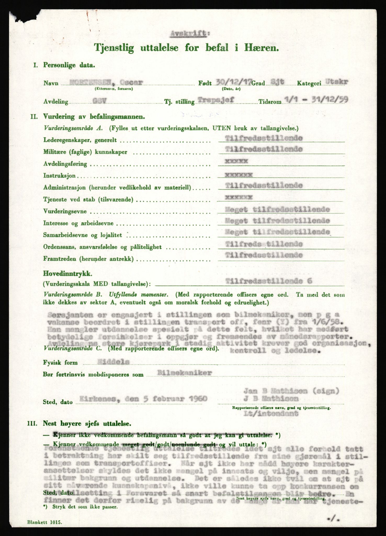 Forsvaret, Varanger bataljon, AV/RA-RAFA-2258/1/D/L0456: Rulleblad og tjenesteuttalelser for befal født 1916-1919 og 1921-1923, 1916-1923, s. 187