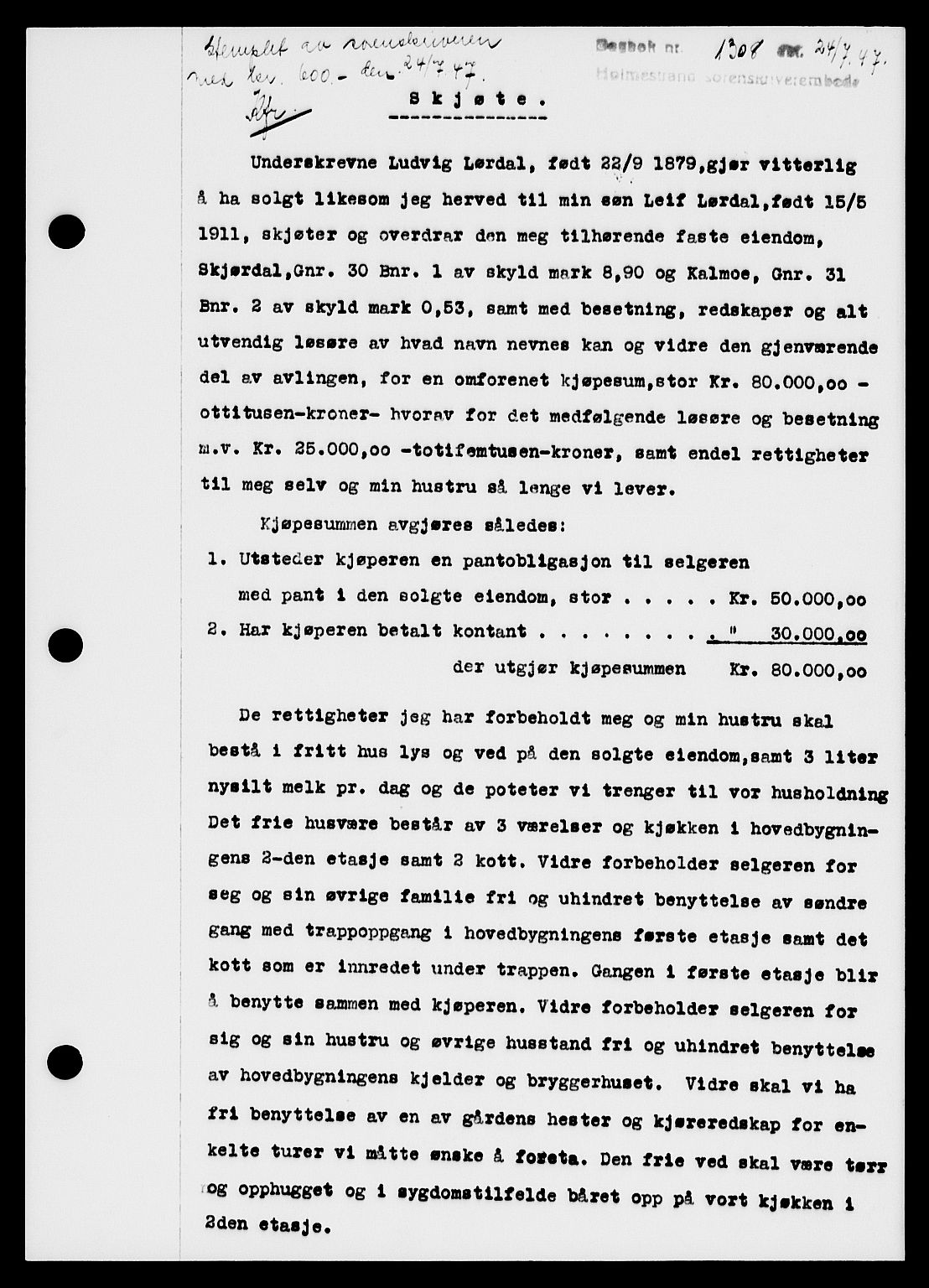 Holmestrand sorenskriveri, SAKO/A-67/G/Ga/Gaa/L0062: Pantebok nr. A-62, 1947-1947, Dagboknr: 1308/1947