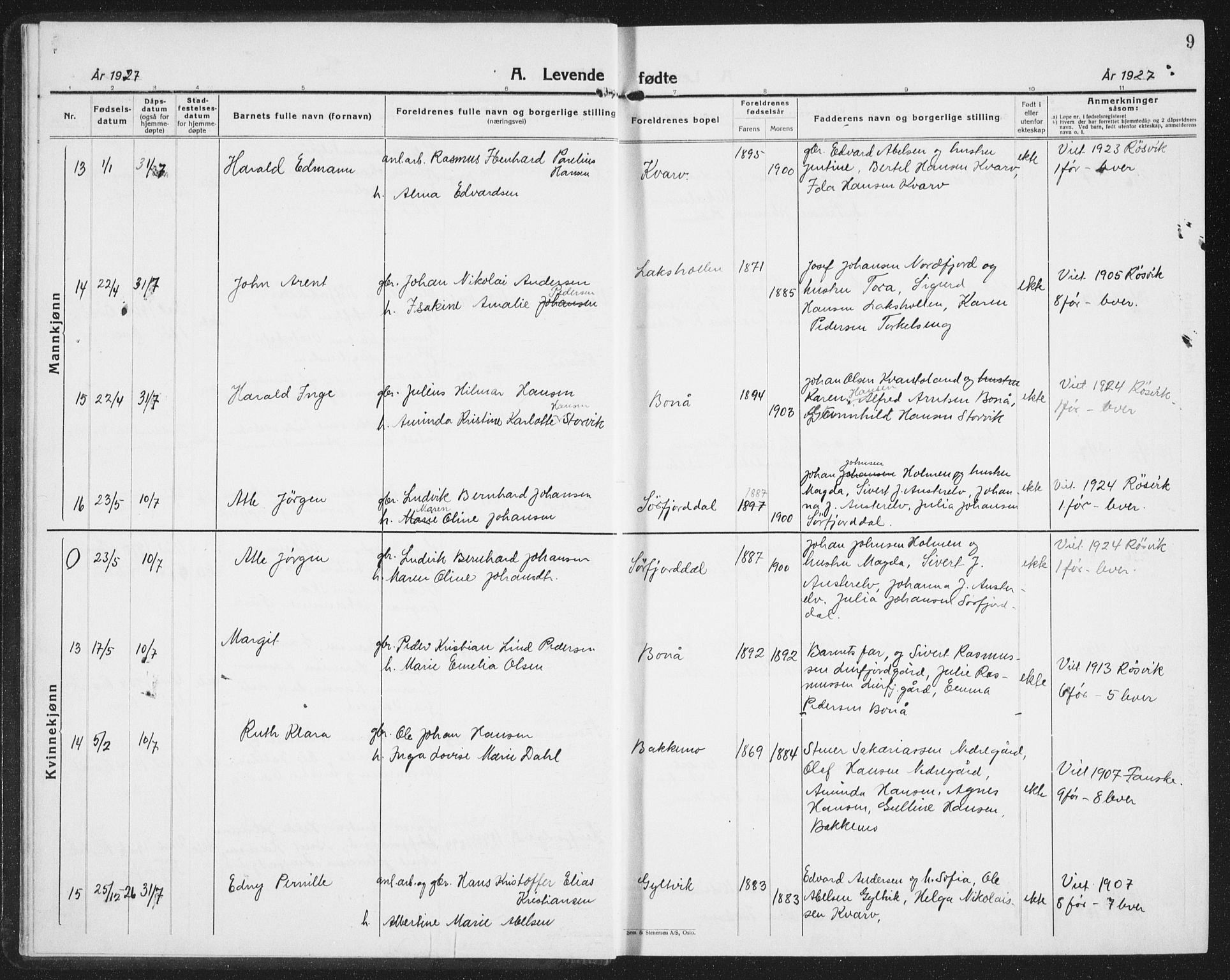 Ministerialprotokoller, klokkerbøker og fødselsregistre - Nordland, AV/SAT-A-1459/854/L0788: Klokkerbok nr. 854C04, 1926-1940, s. 9