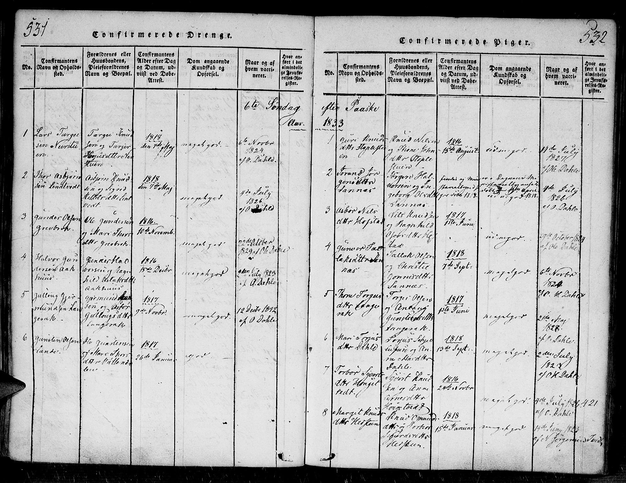 Bygland sokneprestkontor, SAK/1111-0006/F/Fa/Fab/L0003: Ministerialbok nr. A 3, 1816-1841, s. 531-532