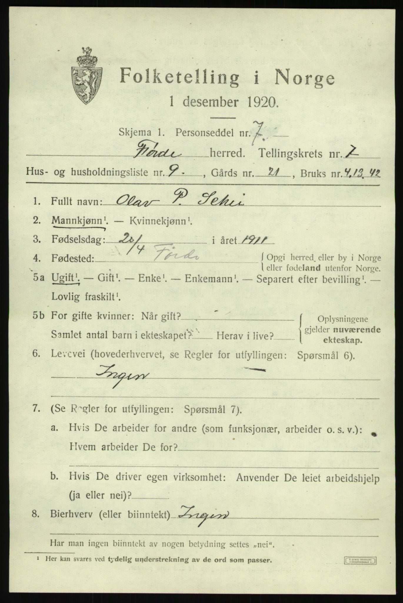 SAB, Folketelling 1920 for 1432 Førde herred, 1920, s. 2496