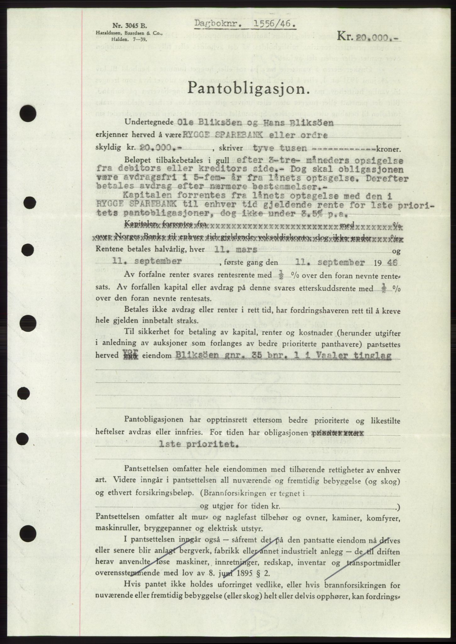 Moss sorenskriveri, SAO/A-10168: Pantebok nr. B15, 1946-1946, Dagboknr: 1556/1946