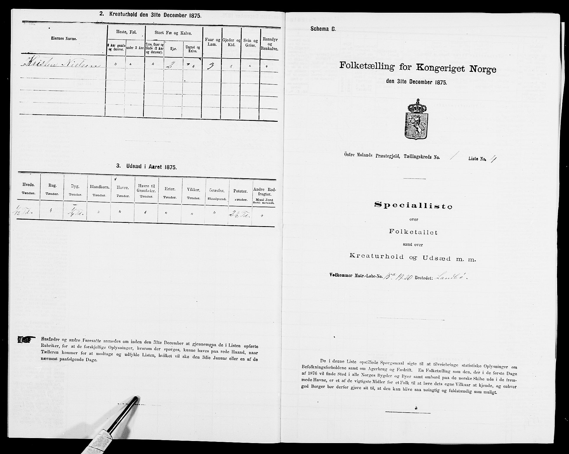 SAK, Folketelling 1875 for 0918P Austre Moland prestegjeld, 1875, s. 2730