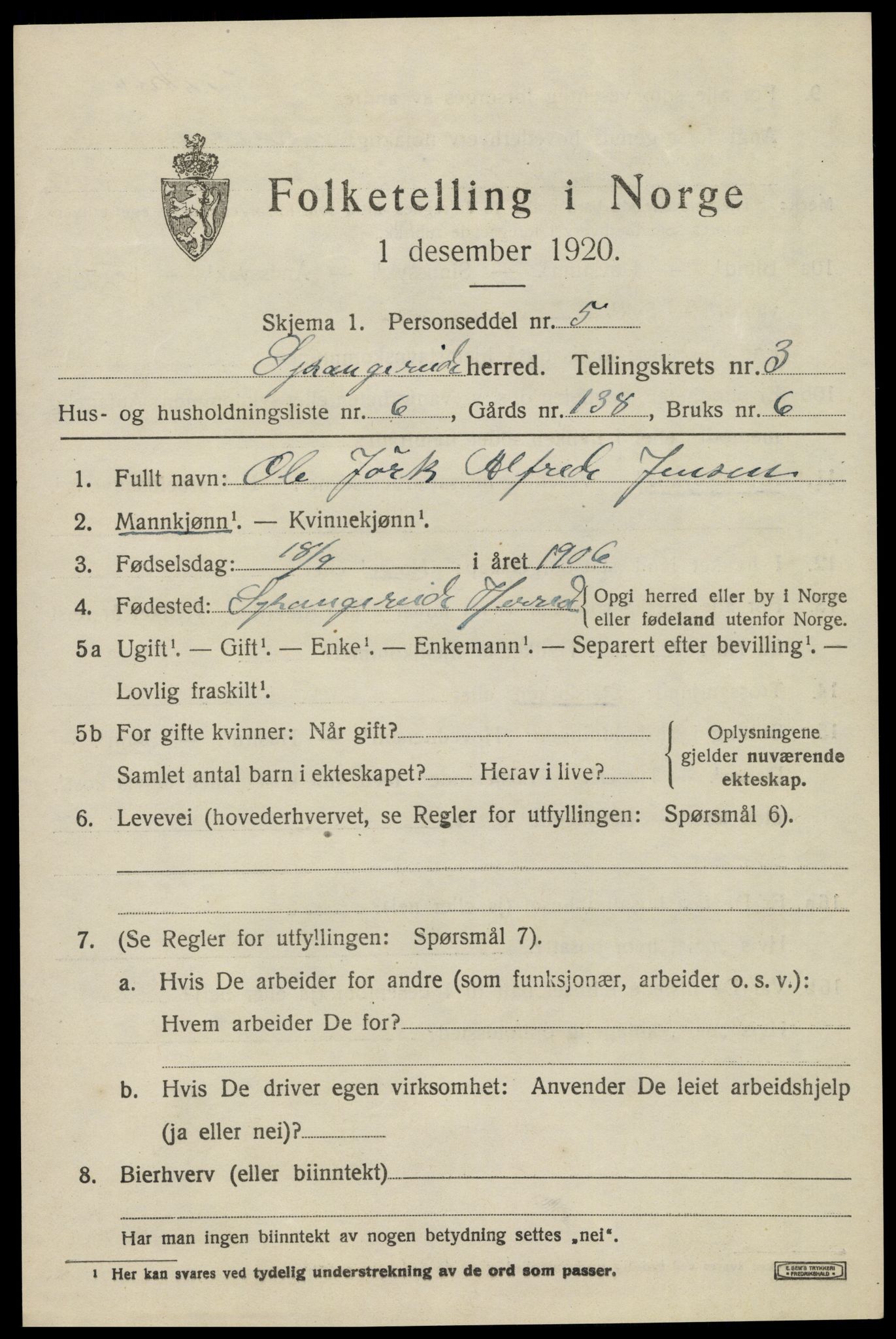 SAK, Folketelling 1920 for 1030 Spangereid herred, 1920, s. 1501