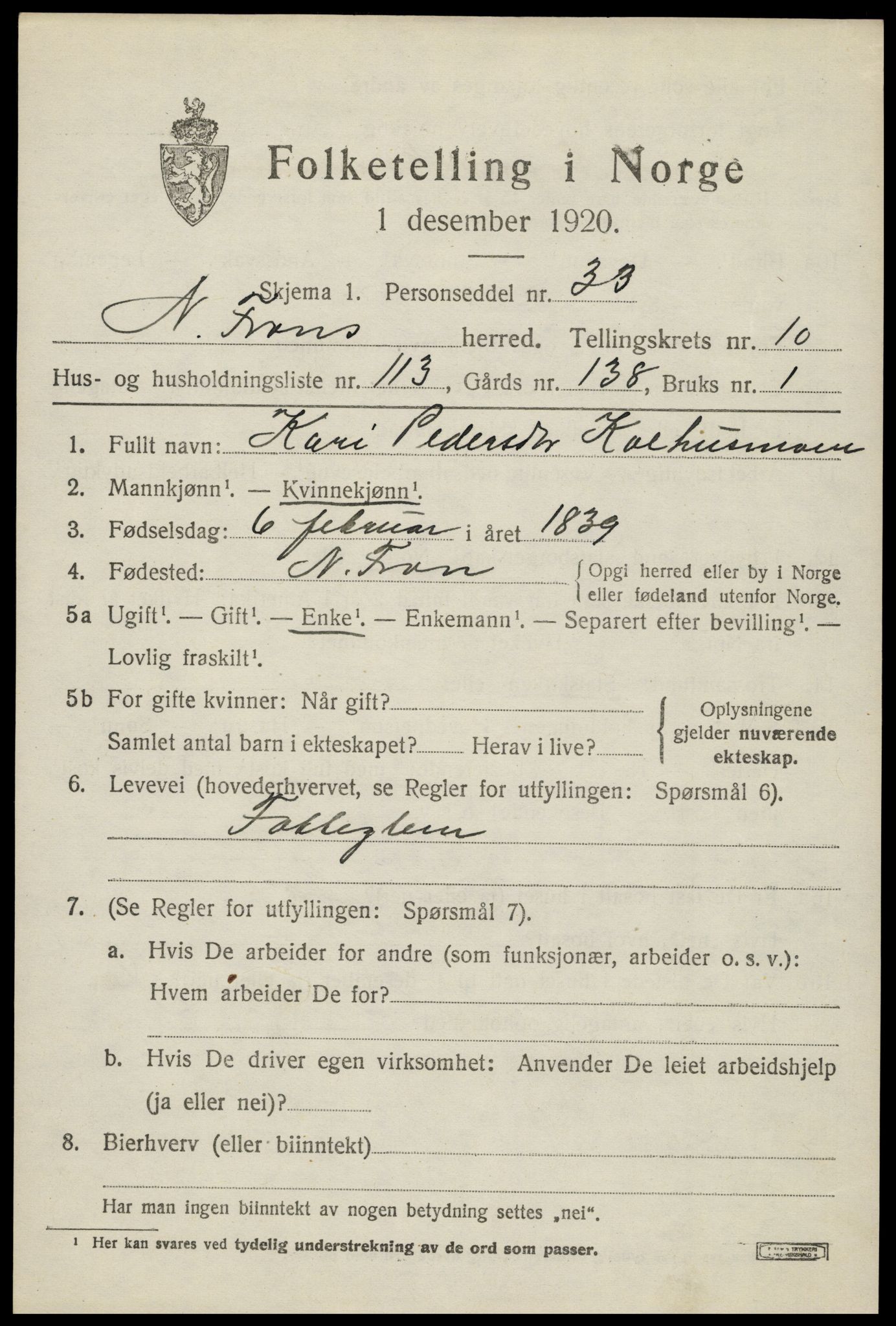 SAH, Folketelling 1920 for 0518 Nord-Fron herred, 1920, s. 9364