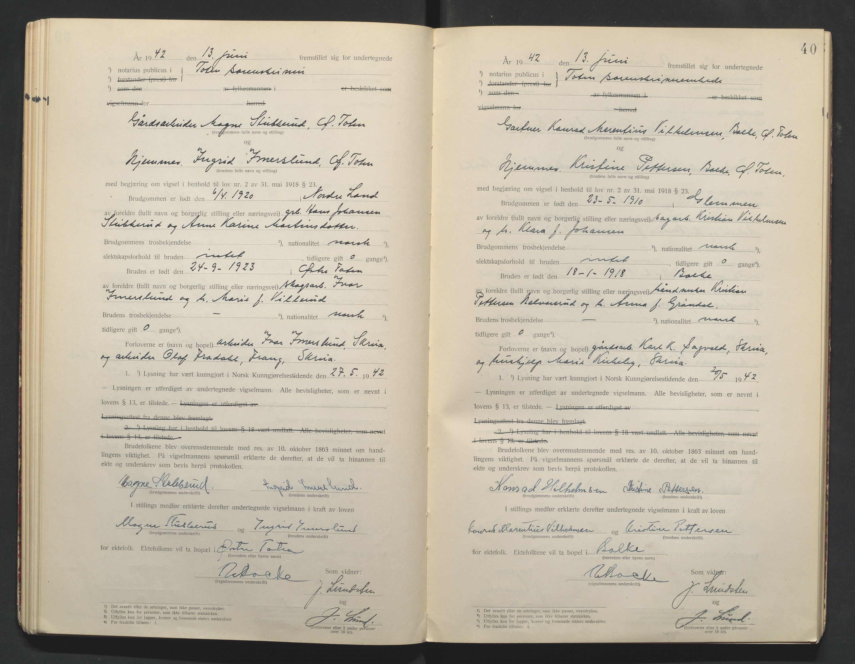 Toten tingrett, AV/SAH-TING-006/L/Lc/L0001: Vigselbok, 1920-1942, s. 40