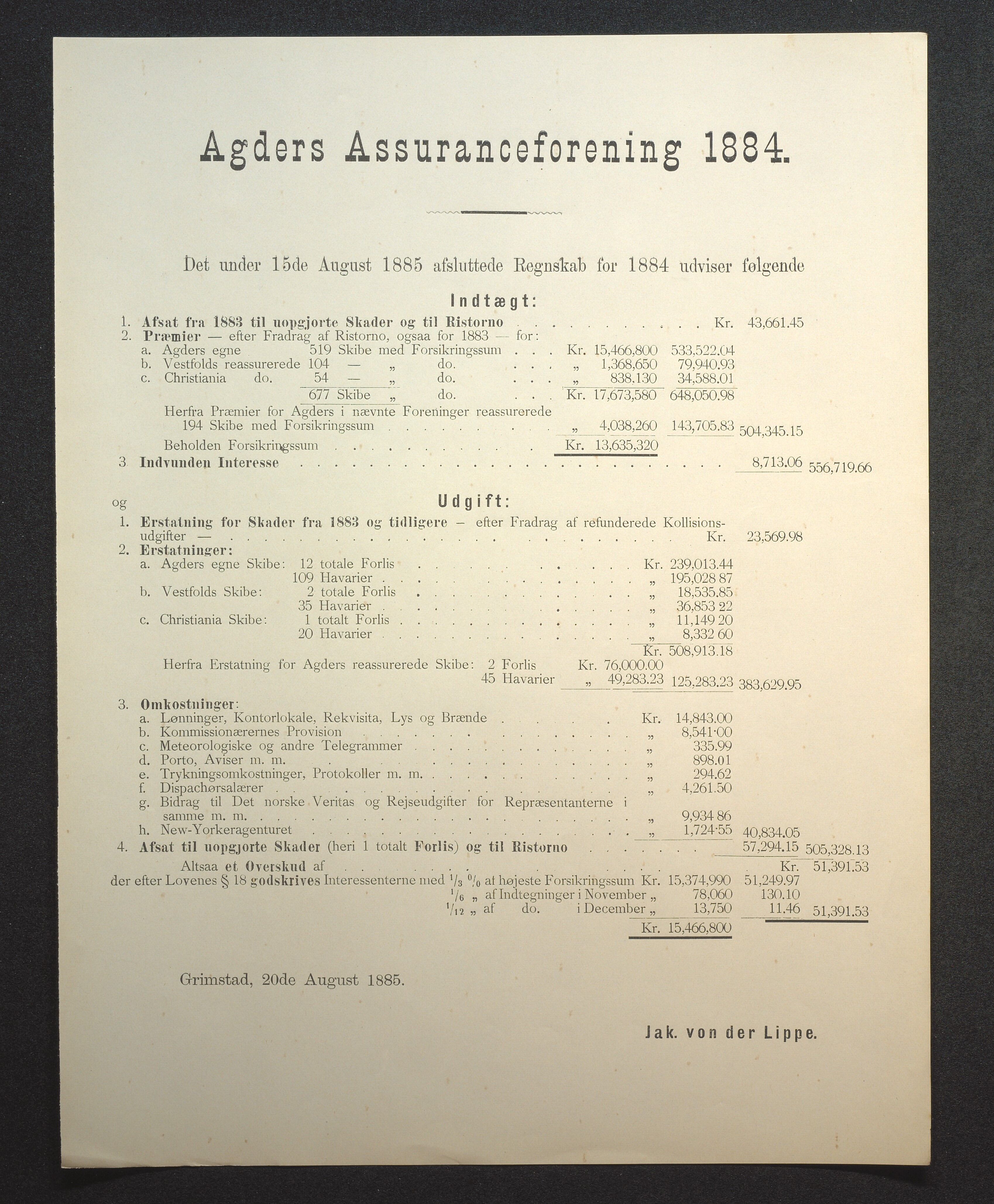 Agders Gjensidige Assuranceforening, AAKS/PA-1718/05/L0002: Regnskap, seilavdeling, pakkesak, 1881-1889