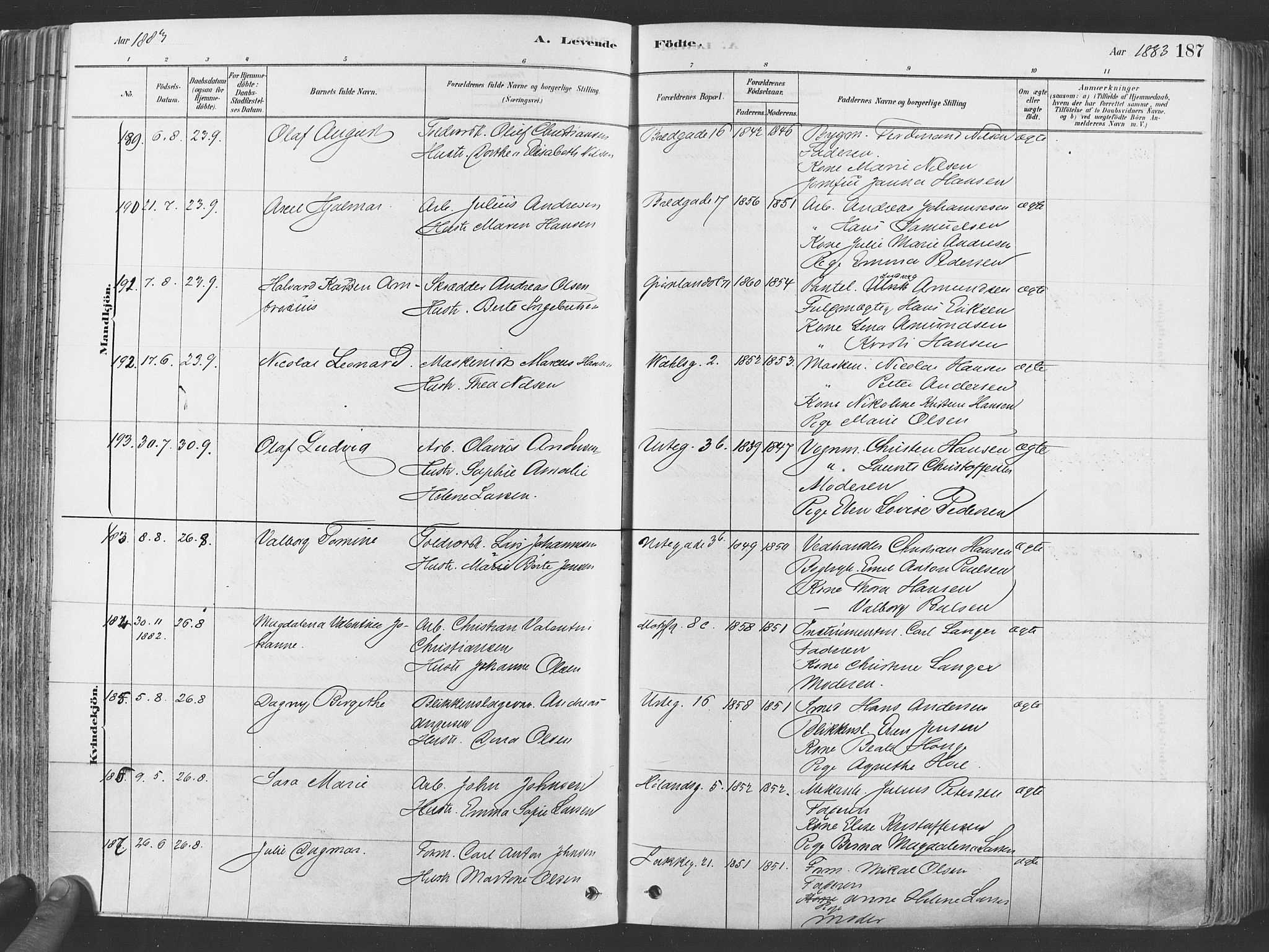 Grønland prestekontor Kirkebøker, SAO/A-10848/F/Fa/L0007: Ministerialbok nr. 7, 1878-1888, s. 187