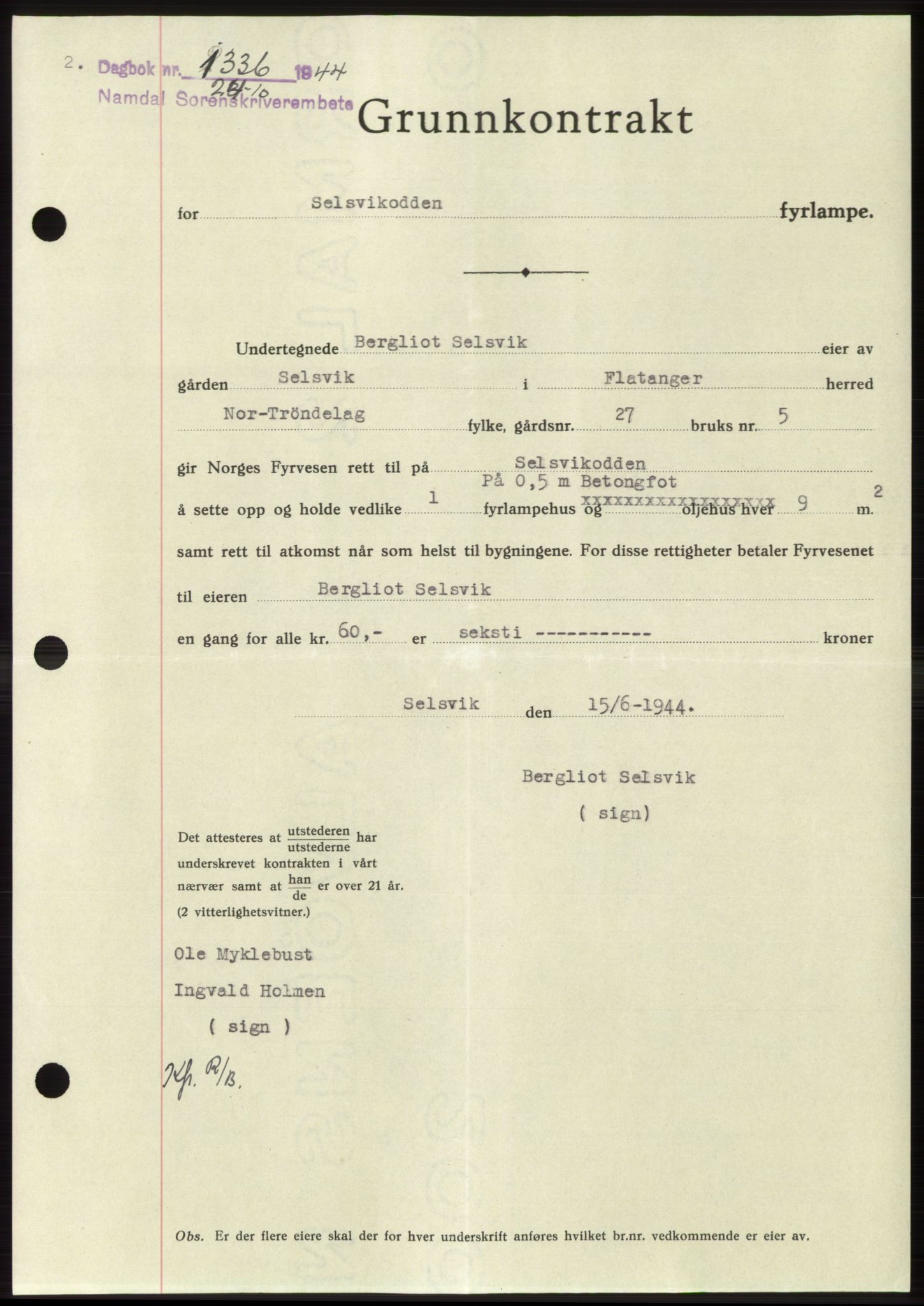 Namdal sorenskriveri, SAT/A-4133/1/2/2C: Pantebok nr. -, 1944-1945, Dagboknr: 1336/1944
