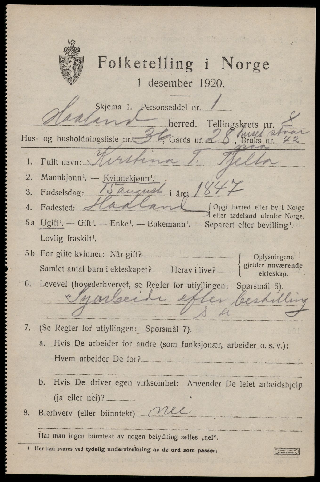 SAST, Folketelling 1920 for 1124 Håland herred, 1920, s. 6765