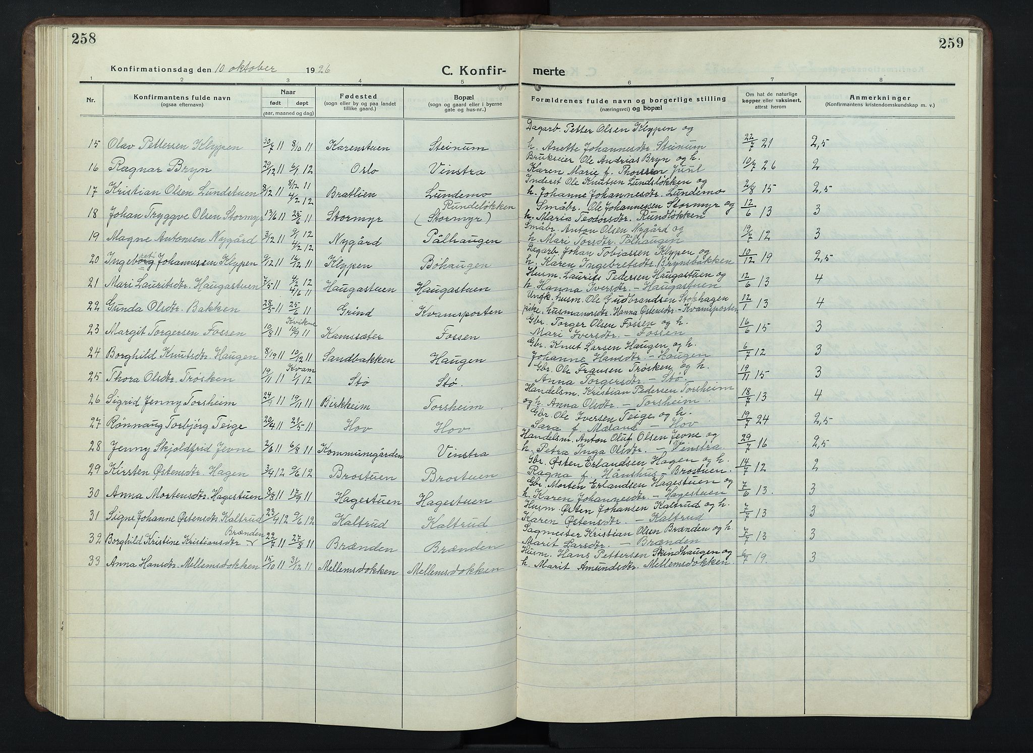 Nord-Fron prestekontor, SAH/PREST-080/H/Ha/Hab/L0007: Klokkerbok nr. 7, 1915-1946, s. 258-259