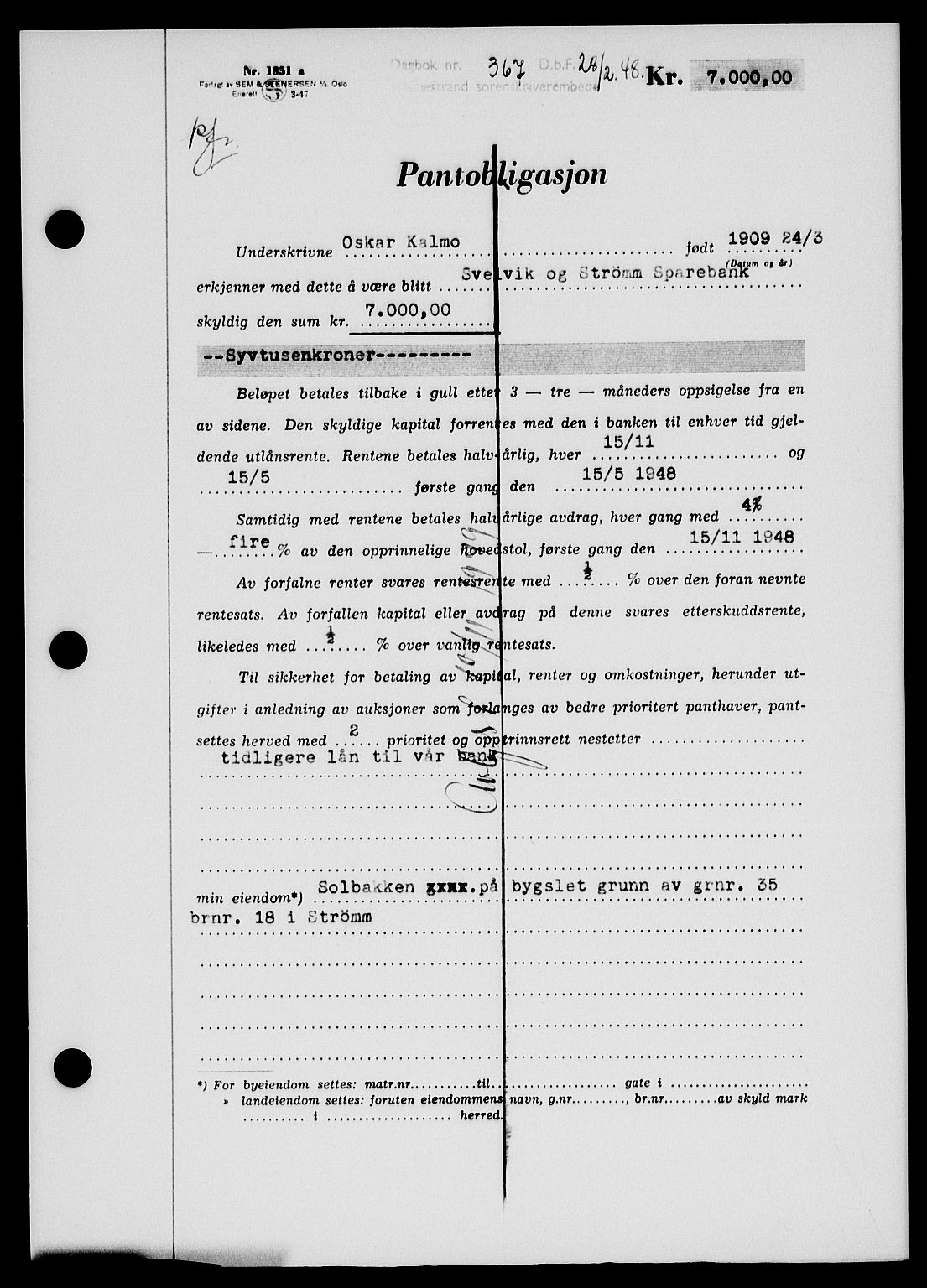 Holmestrand sorenskriveri, SAKO/A-67/G/Ga/Gab/L0058: Pantebok nr. B-58, 1947-1948, Dagboknr: 367/1948