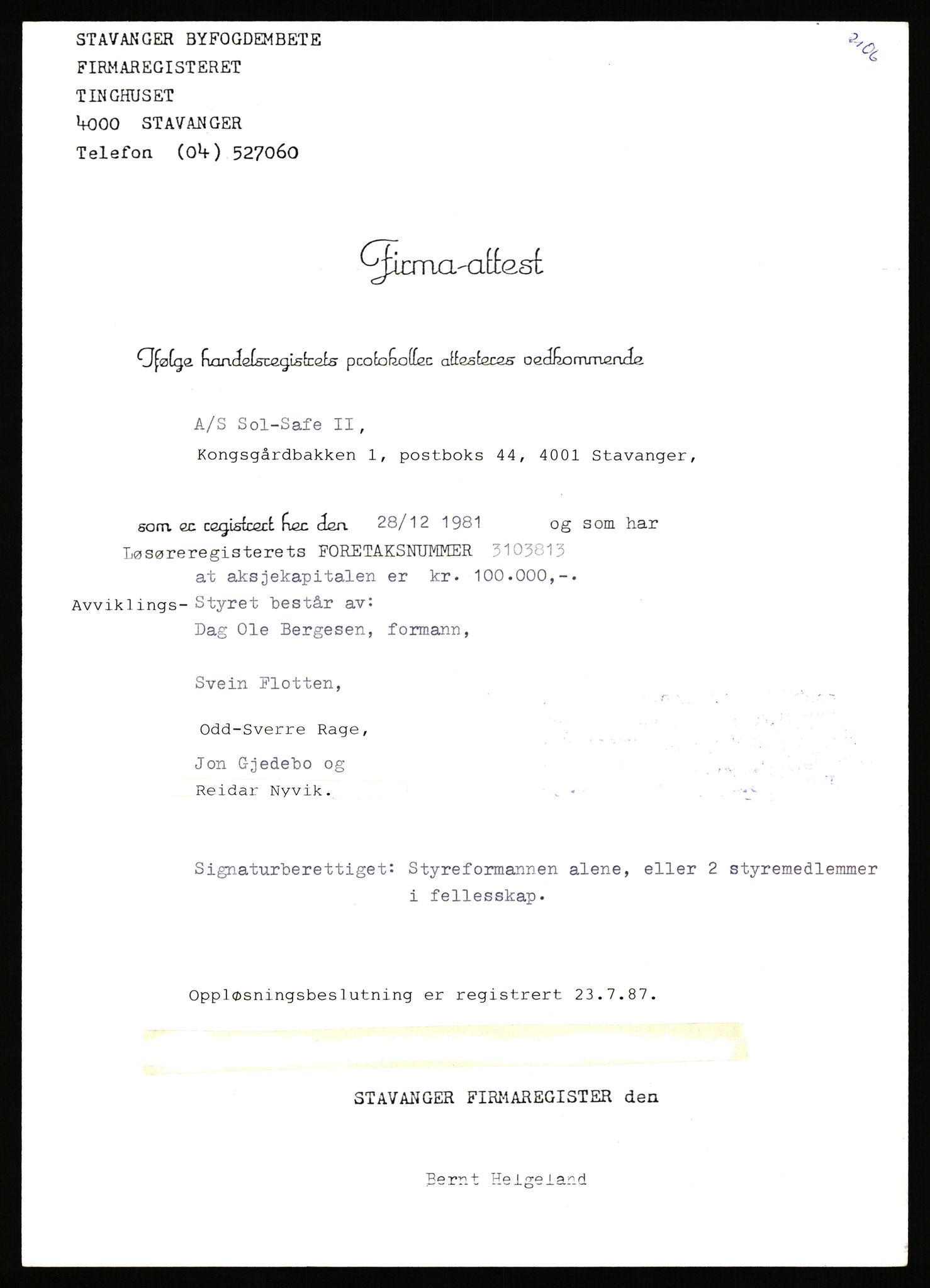 Stavanger byfogd, AV/SAST-A-101408/002/J/Jd/Jde/L0094: Registreringsmeldinger og bilag. Aksjeselskap, 2106-2130, 1981-1982