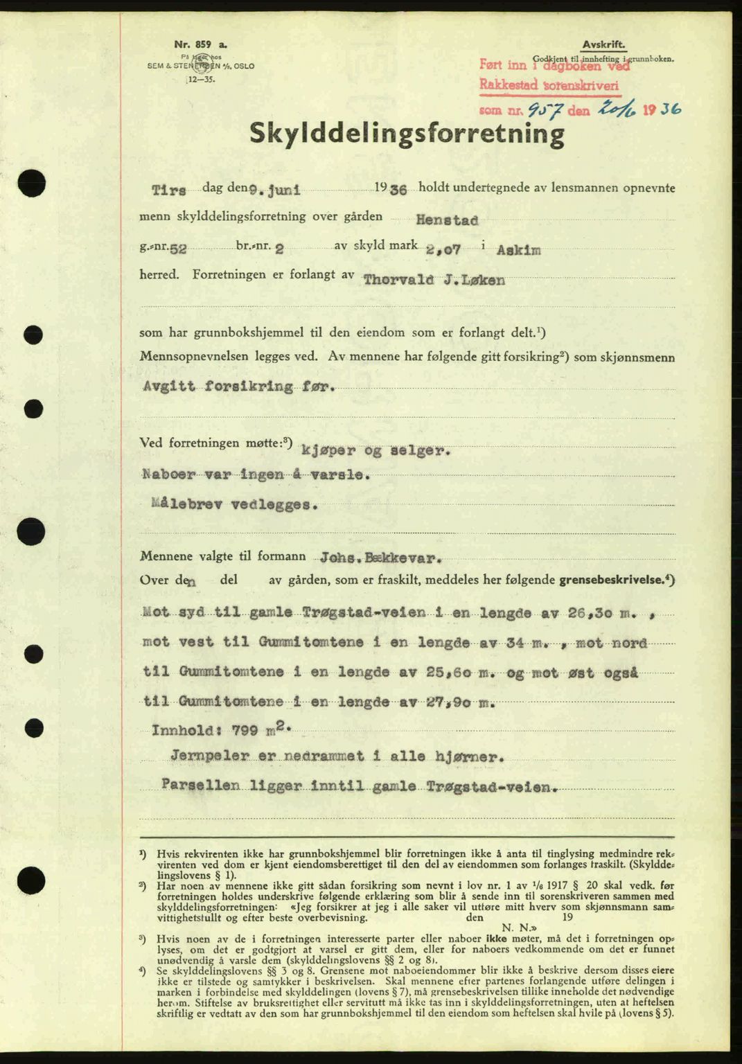 Rakkestad sorenskriveri, SAO/A-10686/G/Gb/Gba/Gbab/L0001: Pantebok nr. A1, 1936-1937, Dagboknr: 957/1936