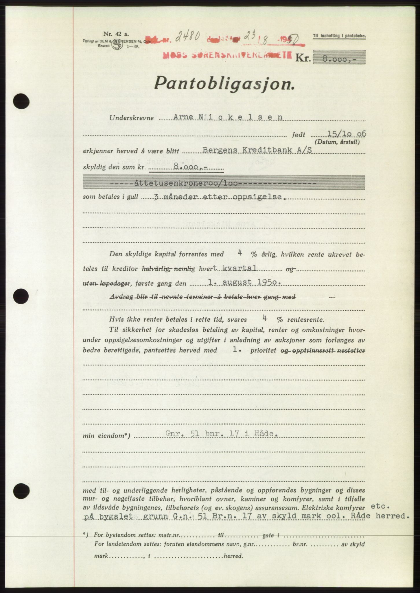 Moss sorenskriveri, SAO/A-10168: Pantebok nr. B25, 1950-1950, Dagboknr: 2480/1950