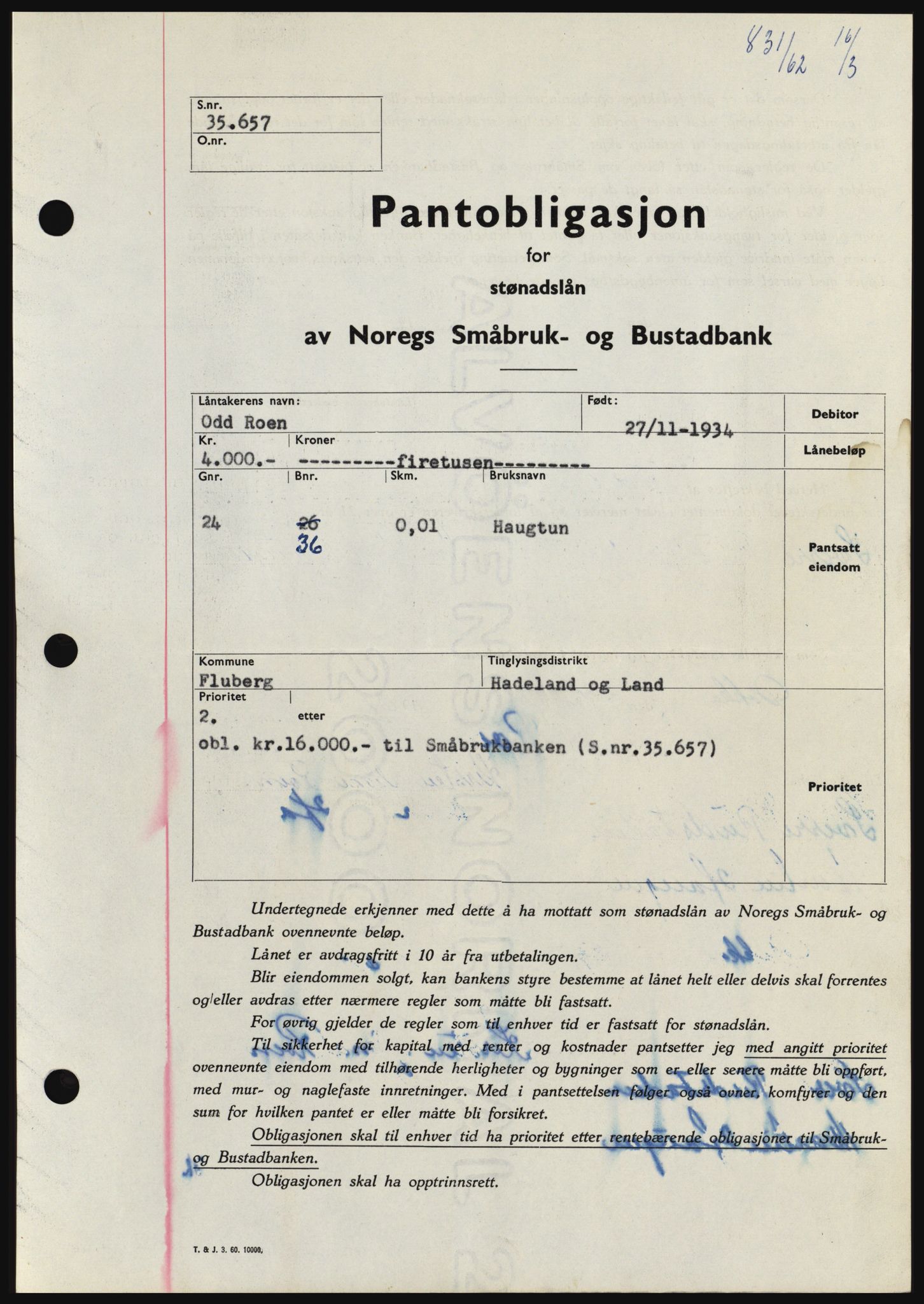 Hadeland og Land tingrett, SAH/TING-010/H/Hb/Hbc/L0048: Pantebok nr. B48, 1962-1962, Dagboknr: 831/1962