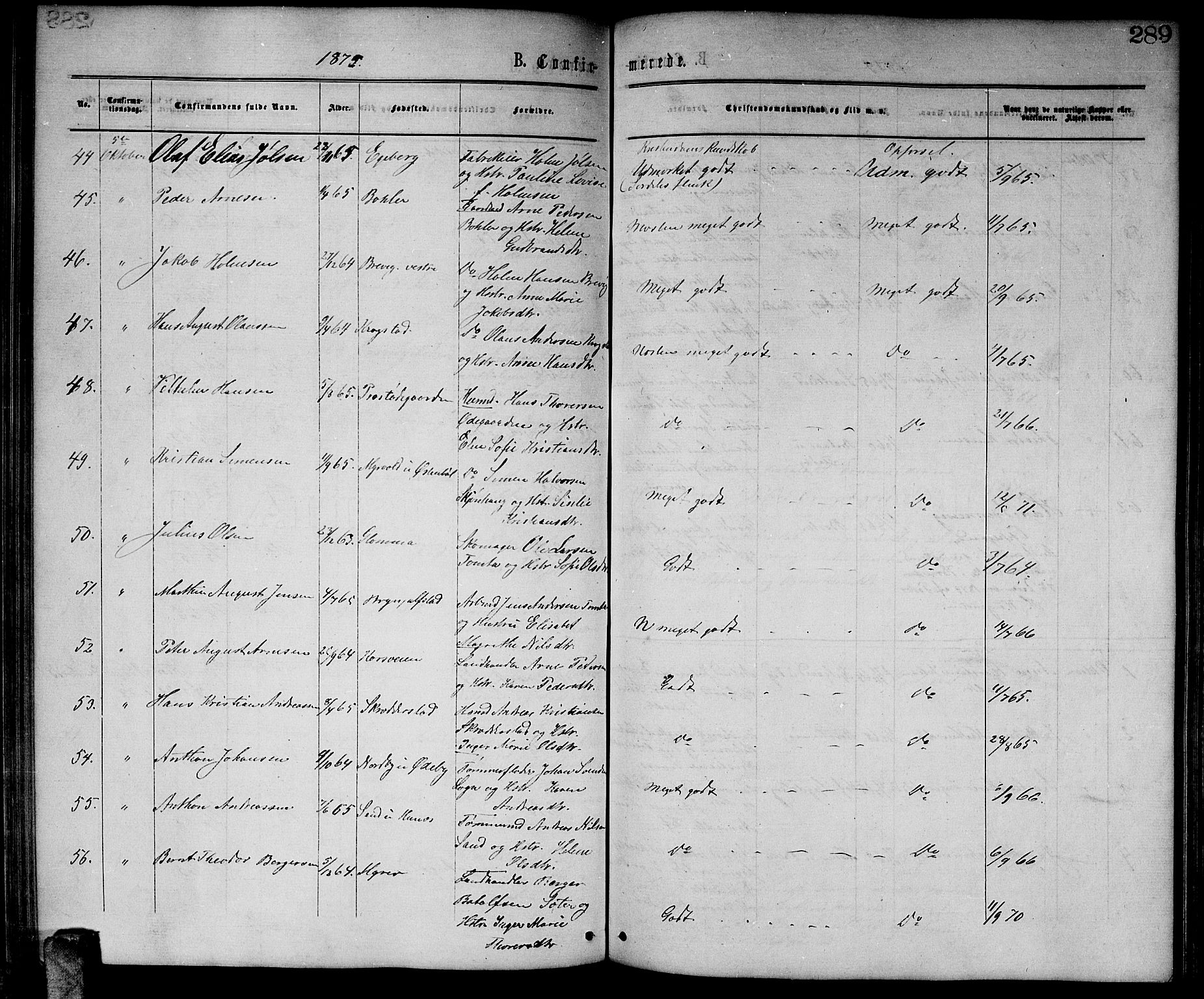 Enebakk prestekontor Kirkebøker, AV/SAO-A-10171c/G/Ga/L0005: Klokkerbok nr. I 5, 1867-1888, s. 289