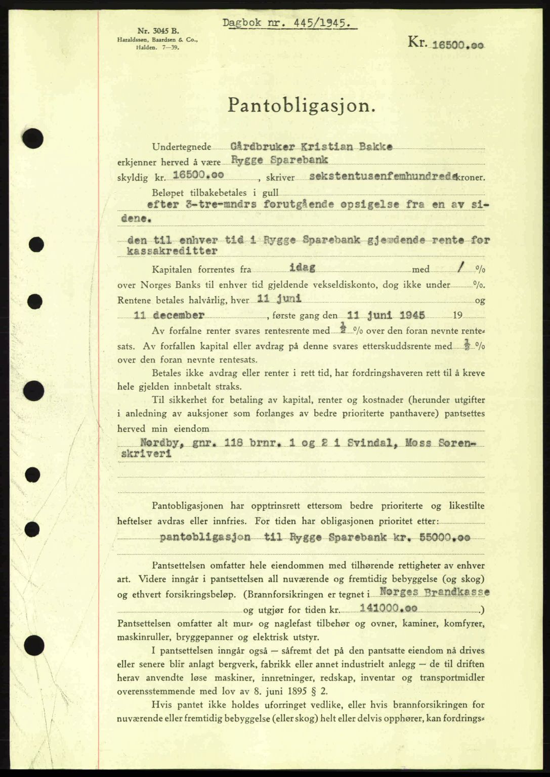 Moss sorenskriveri, SAO/A-10168: Pantebok nr. B13, 1943-1945, Dagboknr: 445/1945