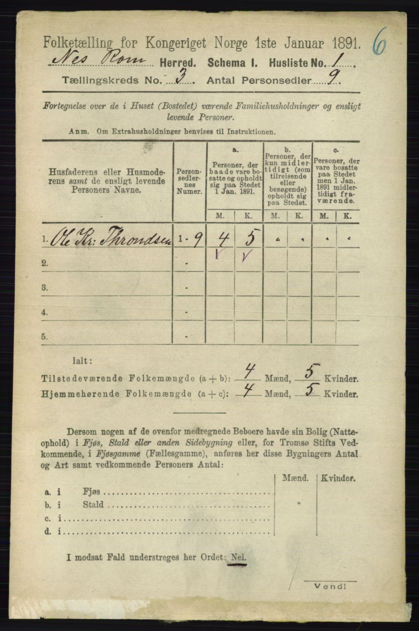 RA, Folketelling 1891 for 0236 Nes herred, 1891, s. 1490