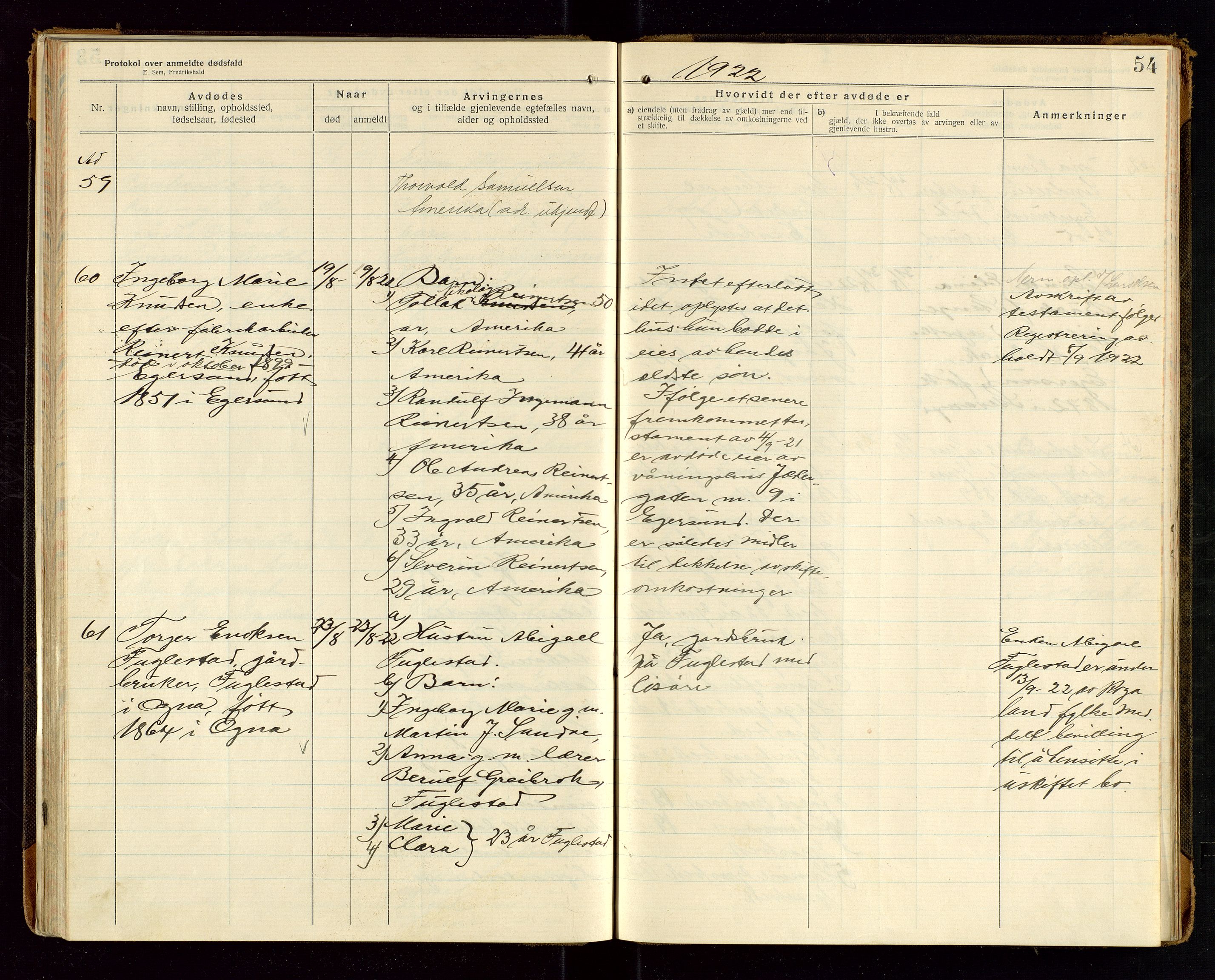Eigersund lensmannskontor, SAST/A-100171/Gga/L0008: "Protokol over anmeldte dødsfald" m/alfabetisk navneregister, 1920-1922, s. 54