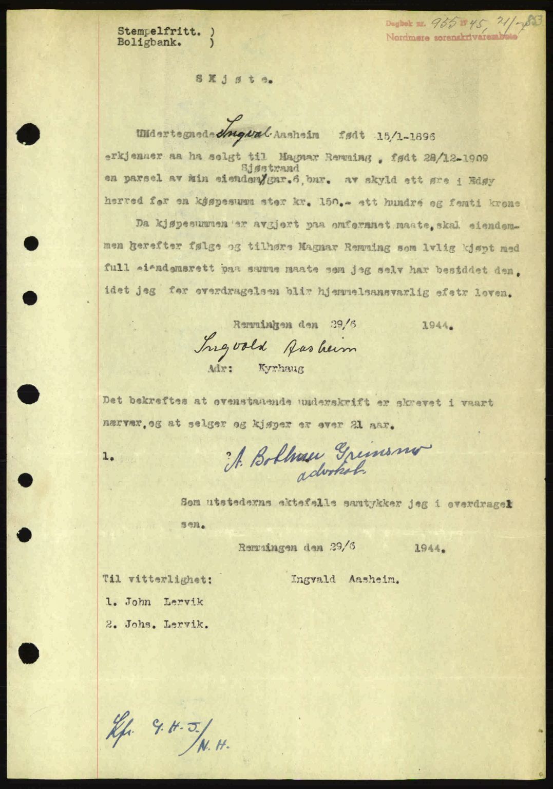 Nordmøre sorenskriveri, SAT/A-4132/1/2/2Ca: Pantebok nr. A99, 1945-1945, Dagboknr: 955/1945