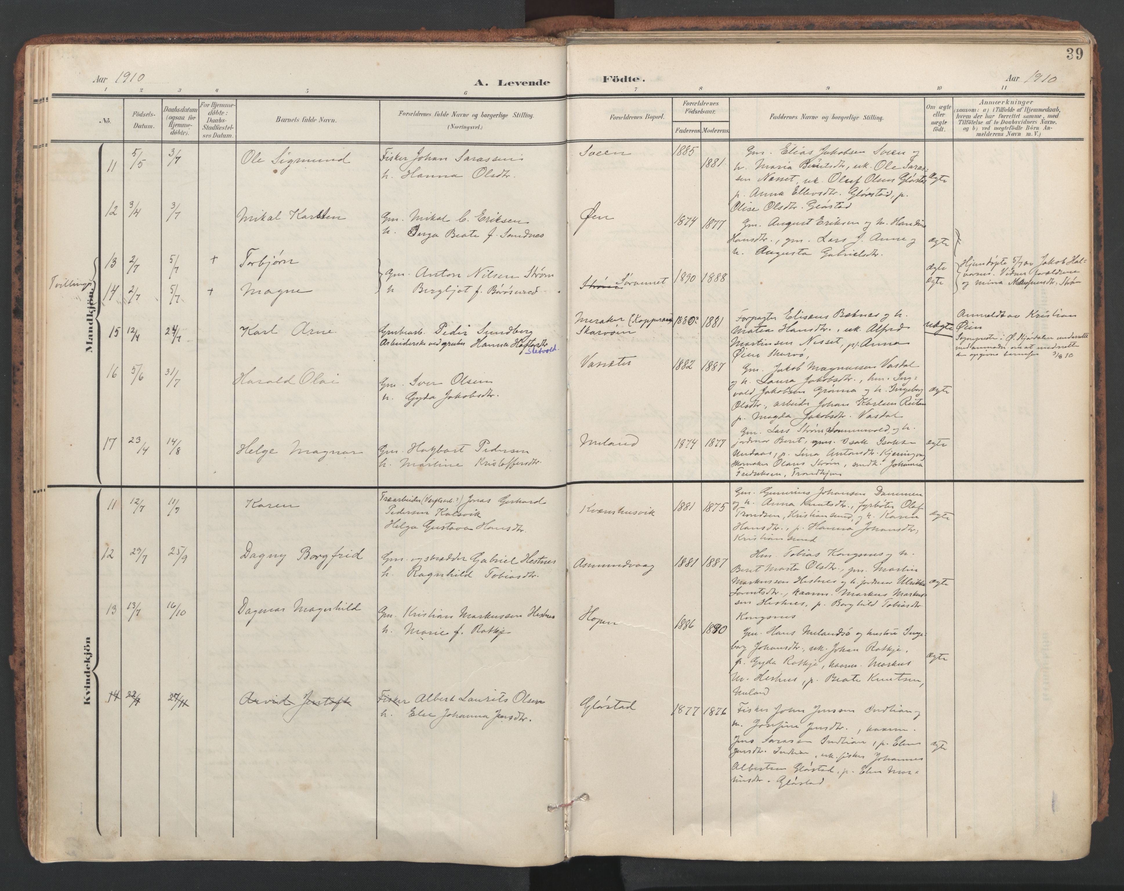 Ministerialprotokoller, klokkerbøker og fødselsregistre - Sør-Trøndelag, SAT/A-1456/634/L0537: Ministerialbok nr. 634A13, 1896-1922, s. 39