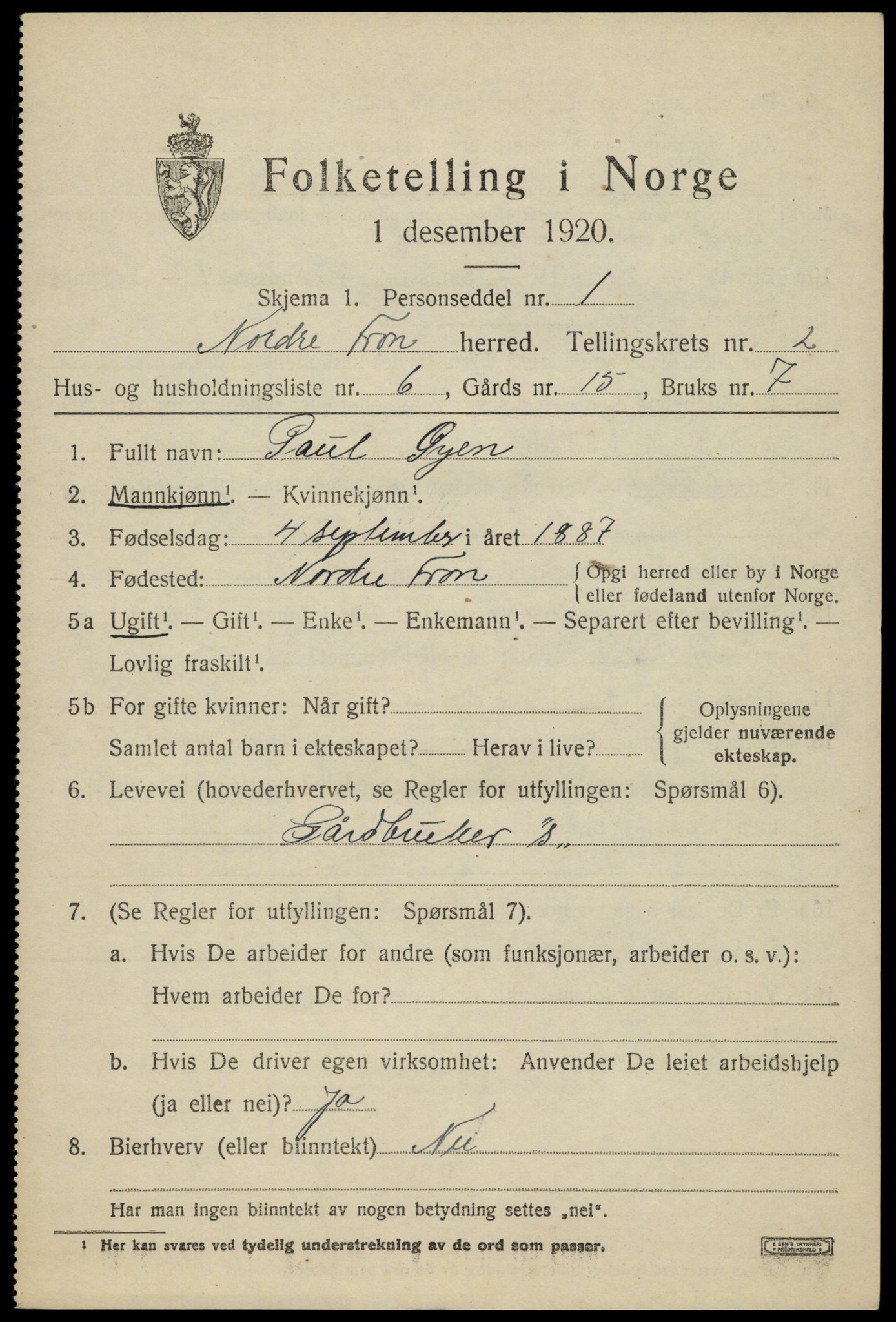 SAH, Folketelling 1920 for 0518 Nord-Fron herred, 1920, s. 2712