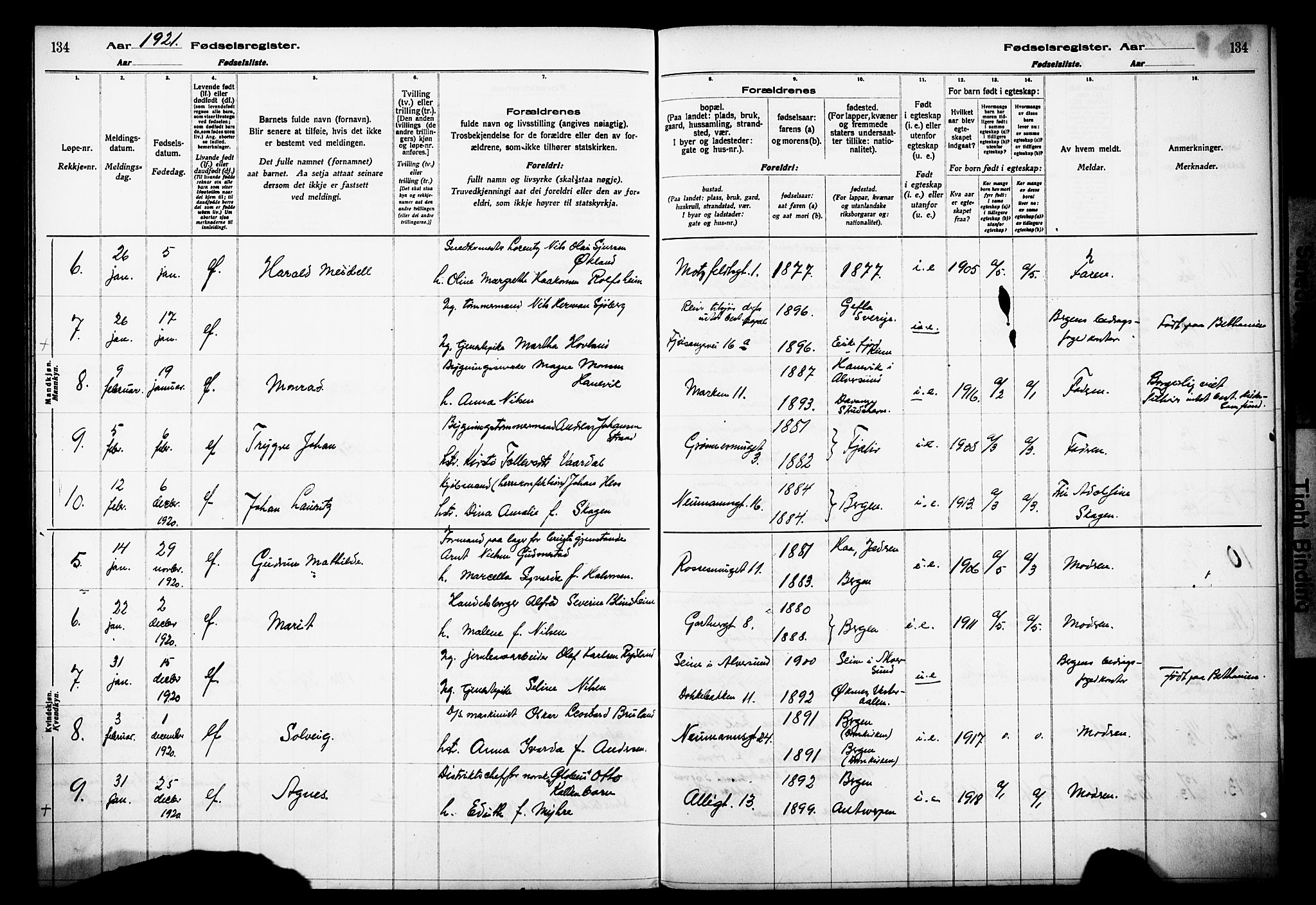 Domkirken sokneprestembete, SAB/A-74801/I/Id/L00A1: Fødselsregister nr. A 1, 1916-1923, s. 134