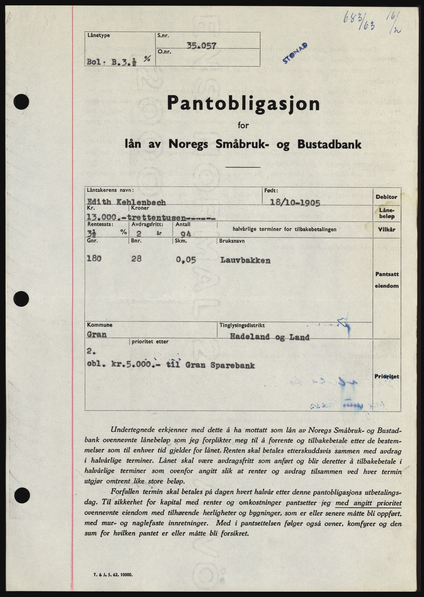 Hadeland og Land tingrett, SAH/TING-010/H/Hb/Hbc/L0050: Pantebok nr. B50, 1962-1963, Dagboknr: 683/1963