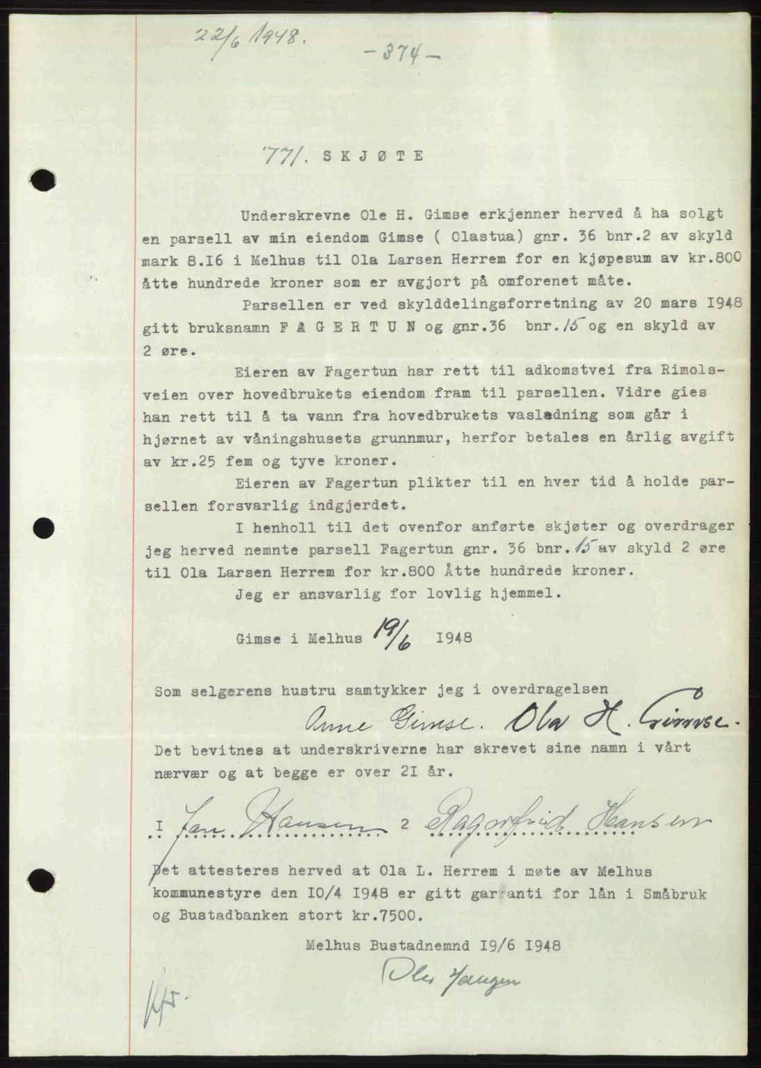 Gauldal sorenskriveri, SAT/A-0014/1/2/2C: Pantebok nr. A6, 1948-1948, Dagboknr: 771/1948