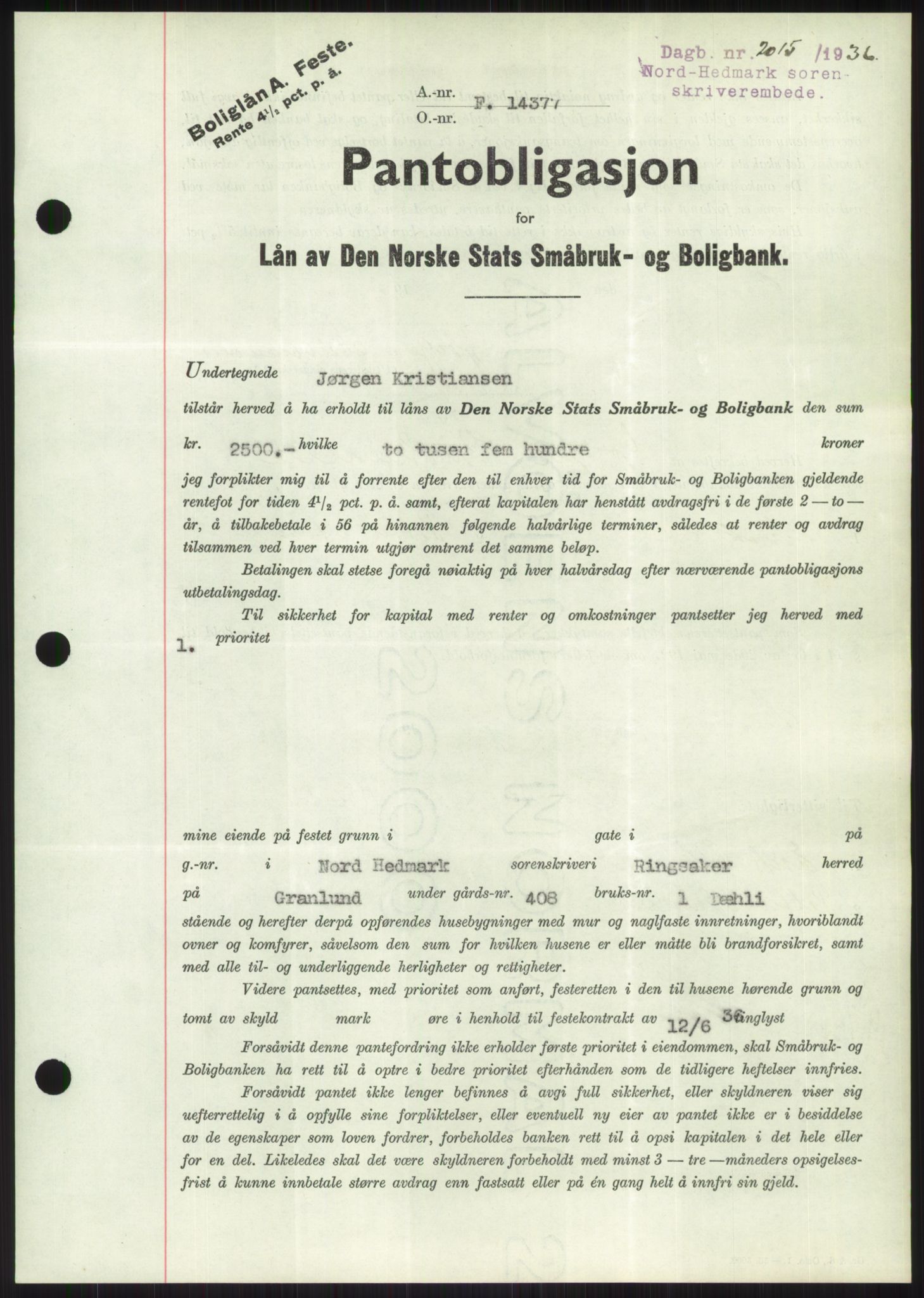 Nord-Hedmark sorenskriveri, SAH/TING-012/H/Hb/Hbf/L0001: Pantebok nr. B1, 1936-1936, Dagboknr: 2015/1936