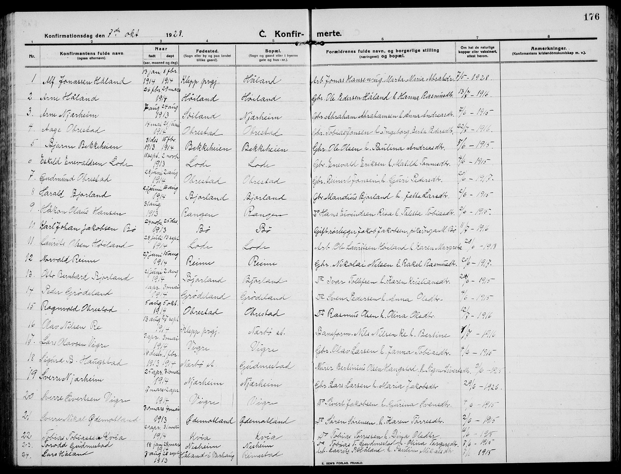 Hå sokneprestkontor, AV/SAST-A-101801/001/30BB/L0007: Klokkerbok nr. B 7, 1912-1939, s. 176