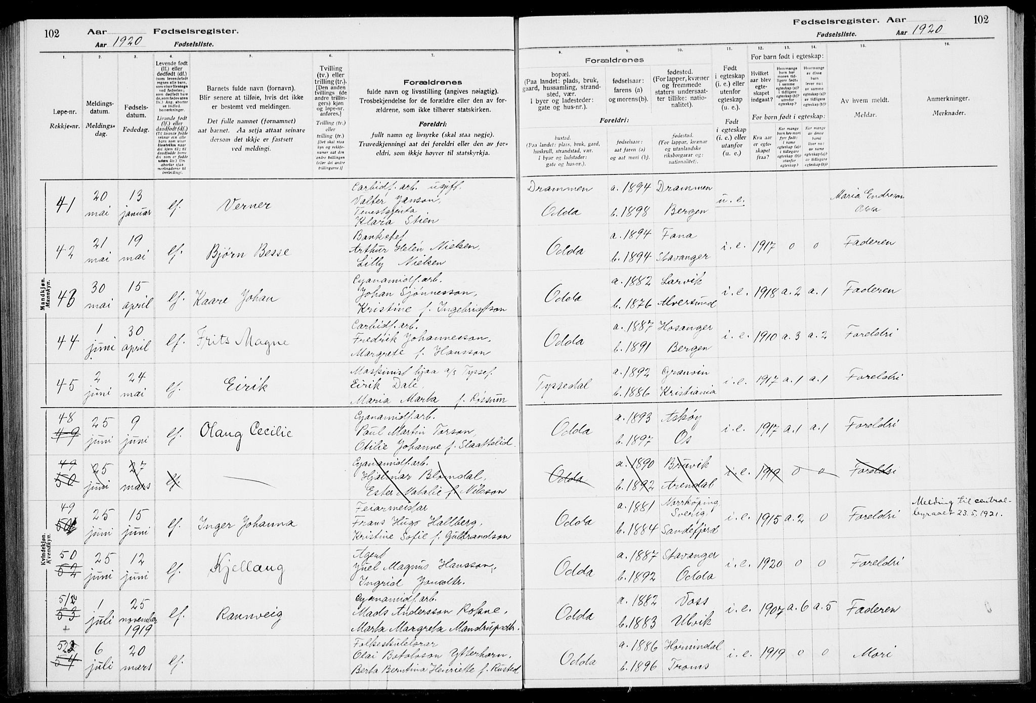 Odda Sokneprestembete, AV/SAB-A-77201/I/Id/L00A1: Fødselsregister nr. A 1, 1916-1925, s. 102