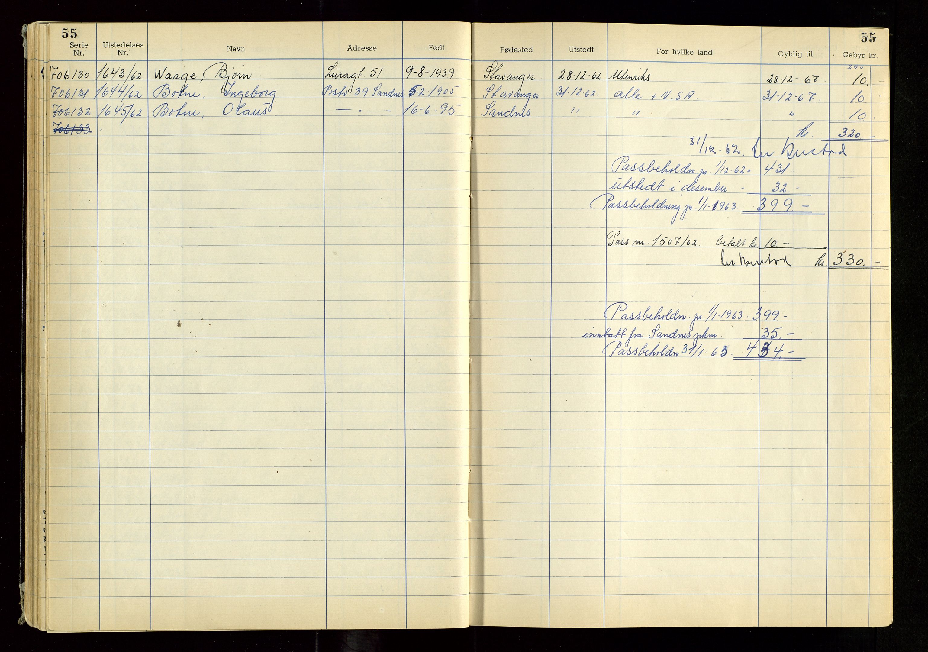 Rogaland politikammer, AV/SAST-A-101403/K/Ka/L0007: Passprotokoll, 1962-1966, s. 55