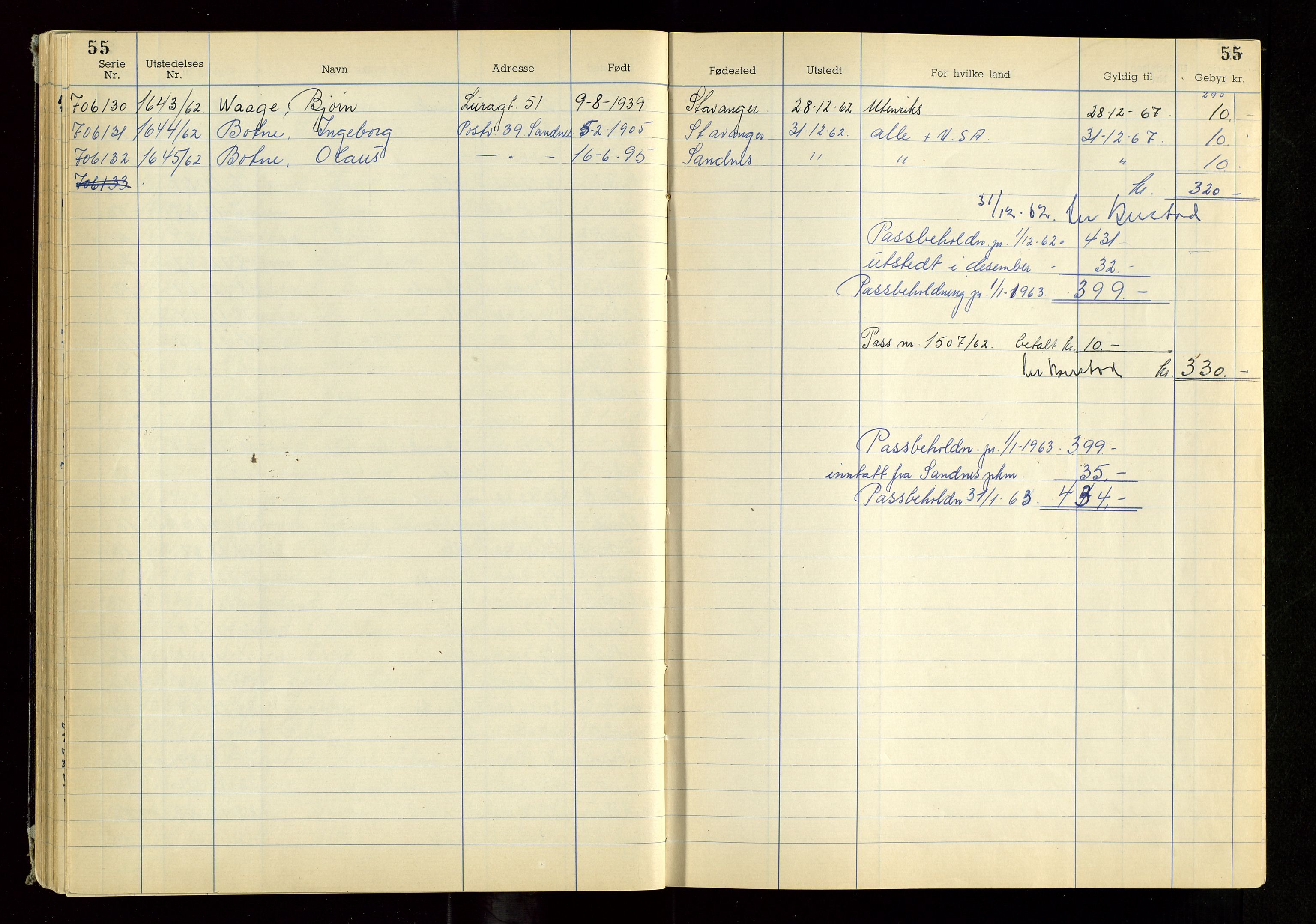 Rogaland politikammer, SAST/A-101403/K/Ka/L0007: Passprotokoll, 1962-1966, s. 55