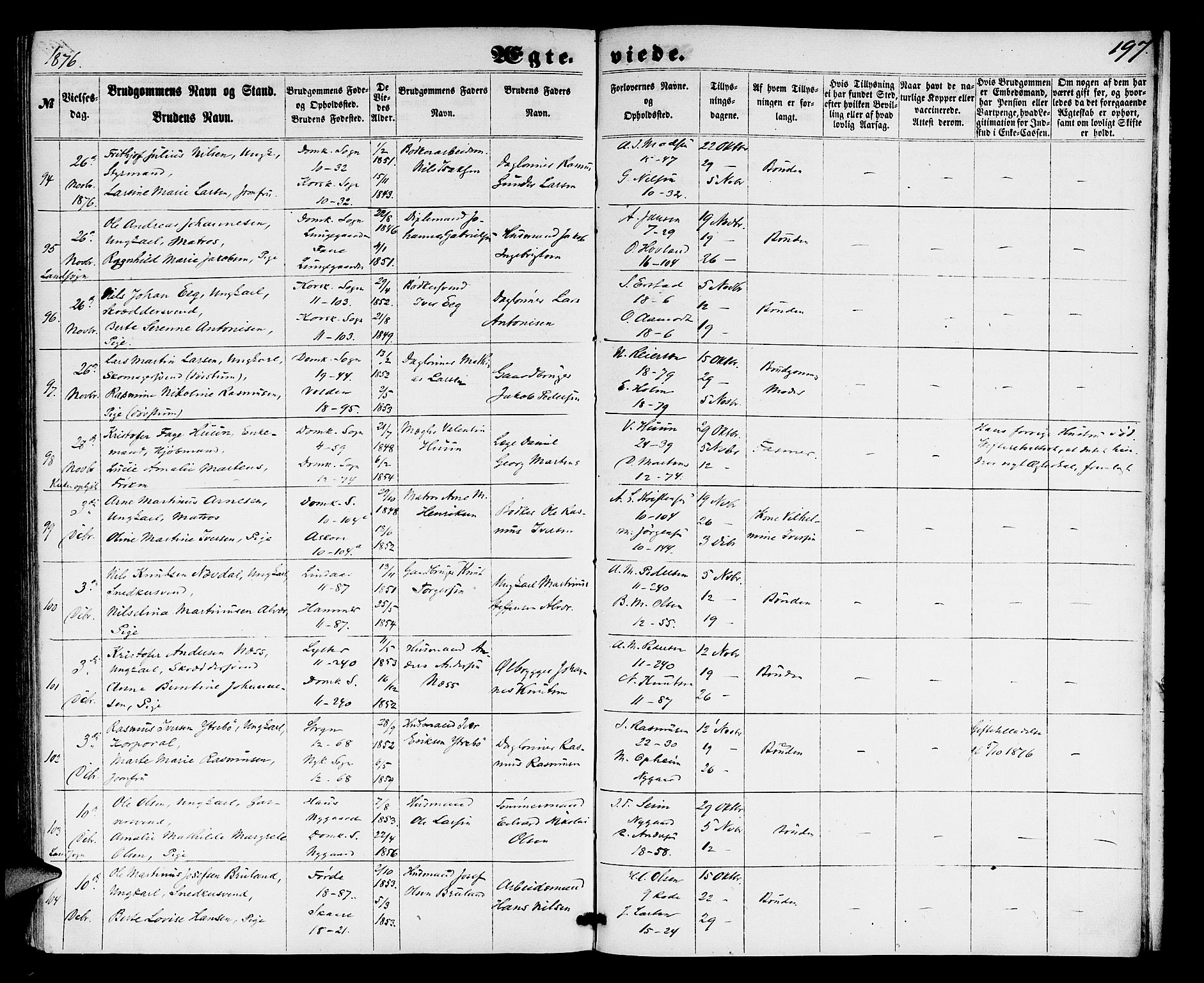 Domkirken sokneprestembete, AV/SAB-A-74801/H/Hab/L0030: Klokkerbok nr. D 2, 1857-1876, s. 197