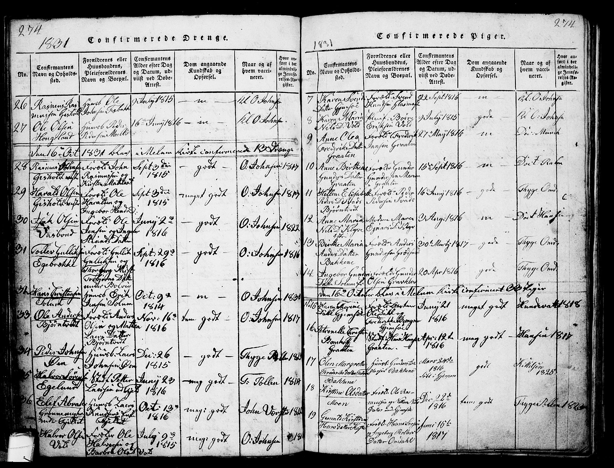 Solum kirkebøker, AV/SAKO-A-306/G/Ga/L0001: Klokkerbok nr. I 1, 1814-1833, s. 274