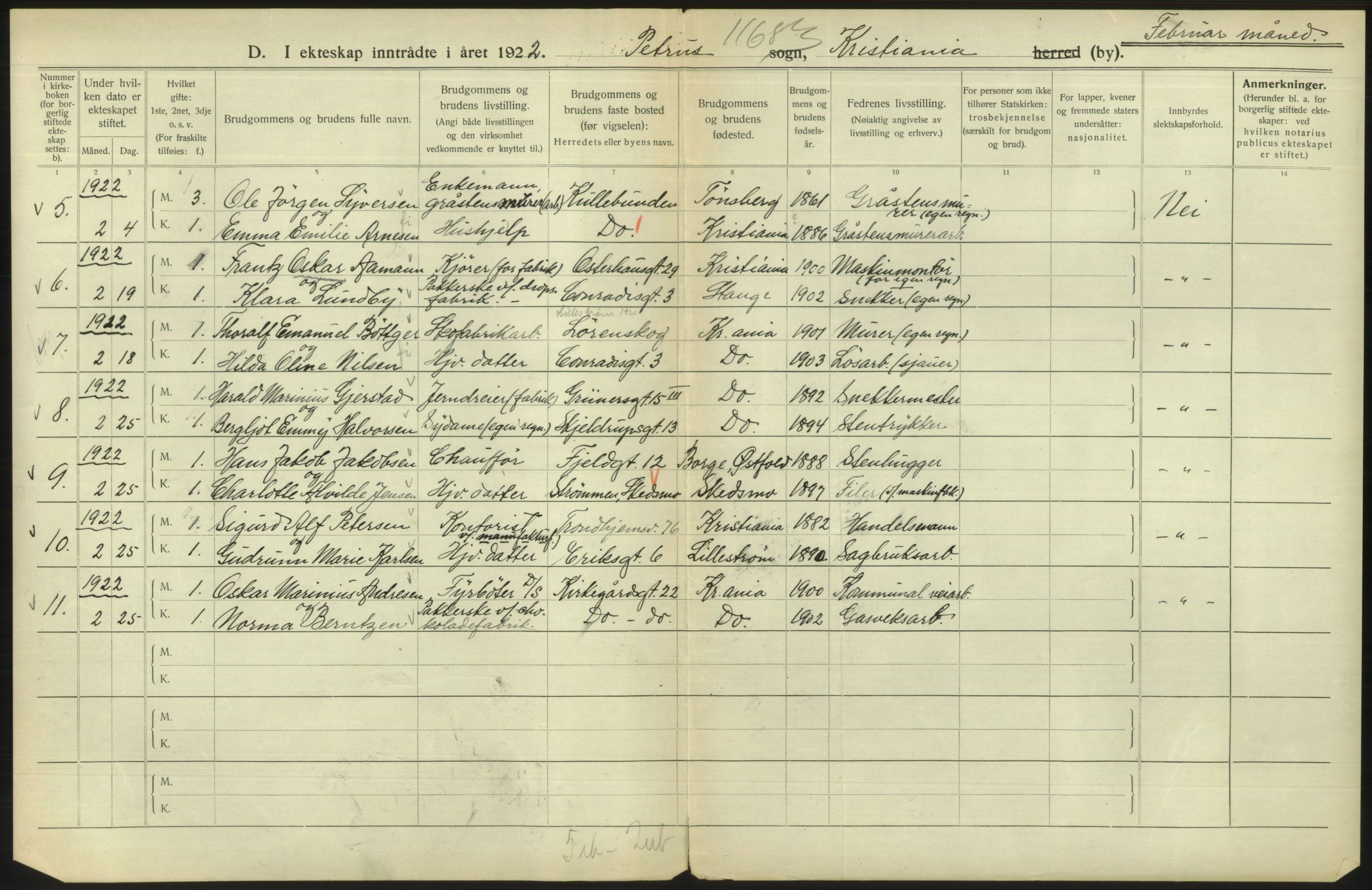 Statistisk sentralbyrå, Sosiodemografiske emner, Befolkning, RA/S-2228/D/Df/Dfc/Dfcb/L0008: Kristiania: Gifte, 1922, s. 12