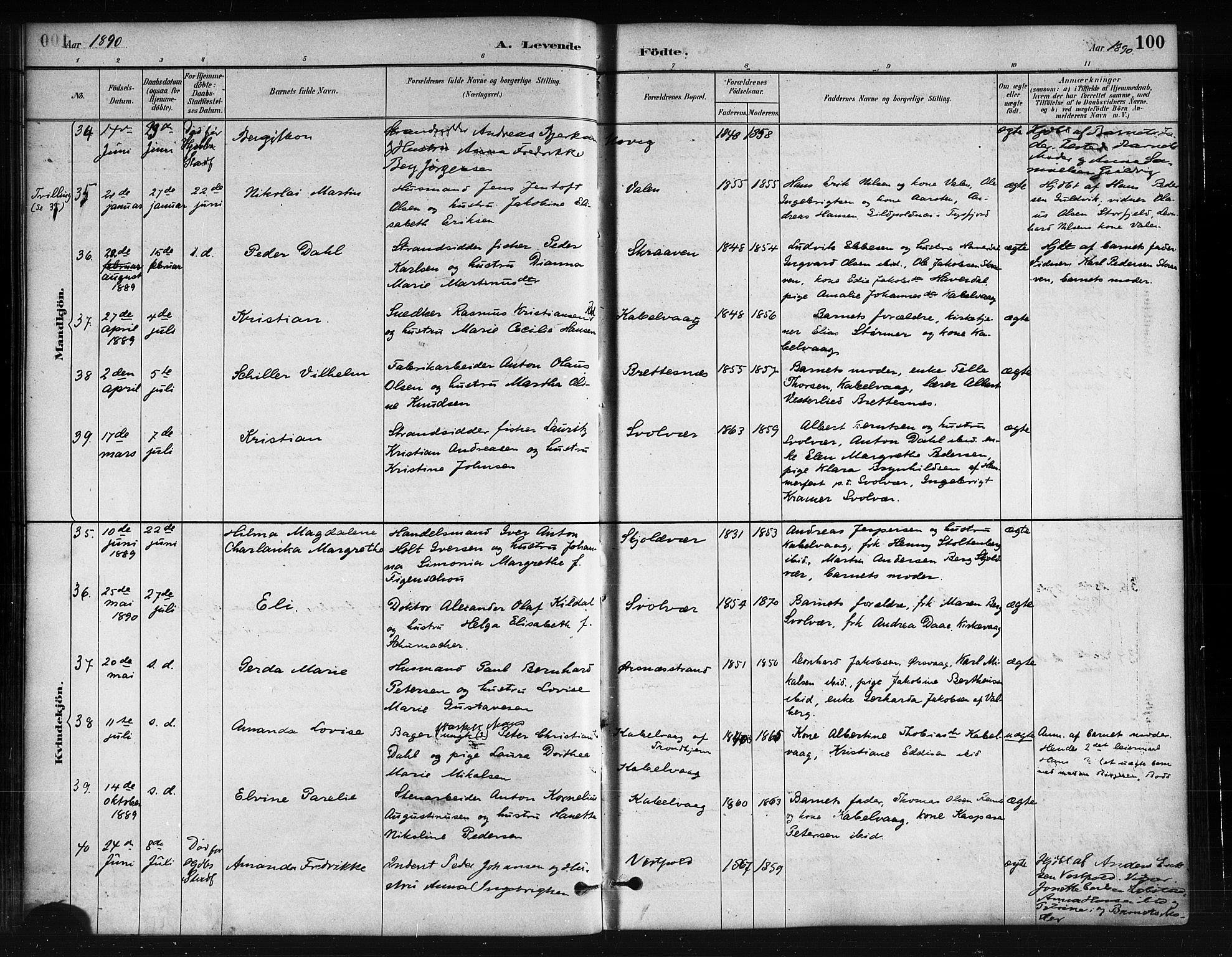 Ministerialprotokoller, klokkerbøker og fødselsregistre - Nordland, AV/SAT-A-1459/874/L1059: Ministerialbok nr. 874A03, 1884-1890, s. 100