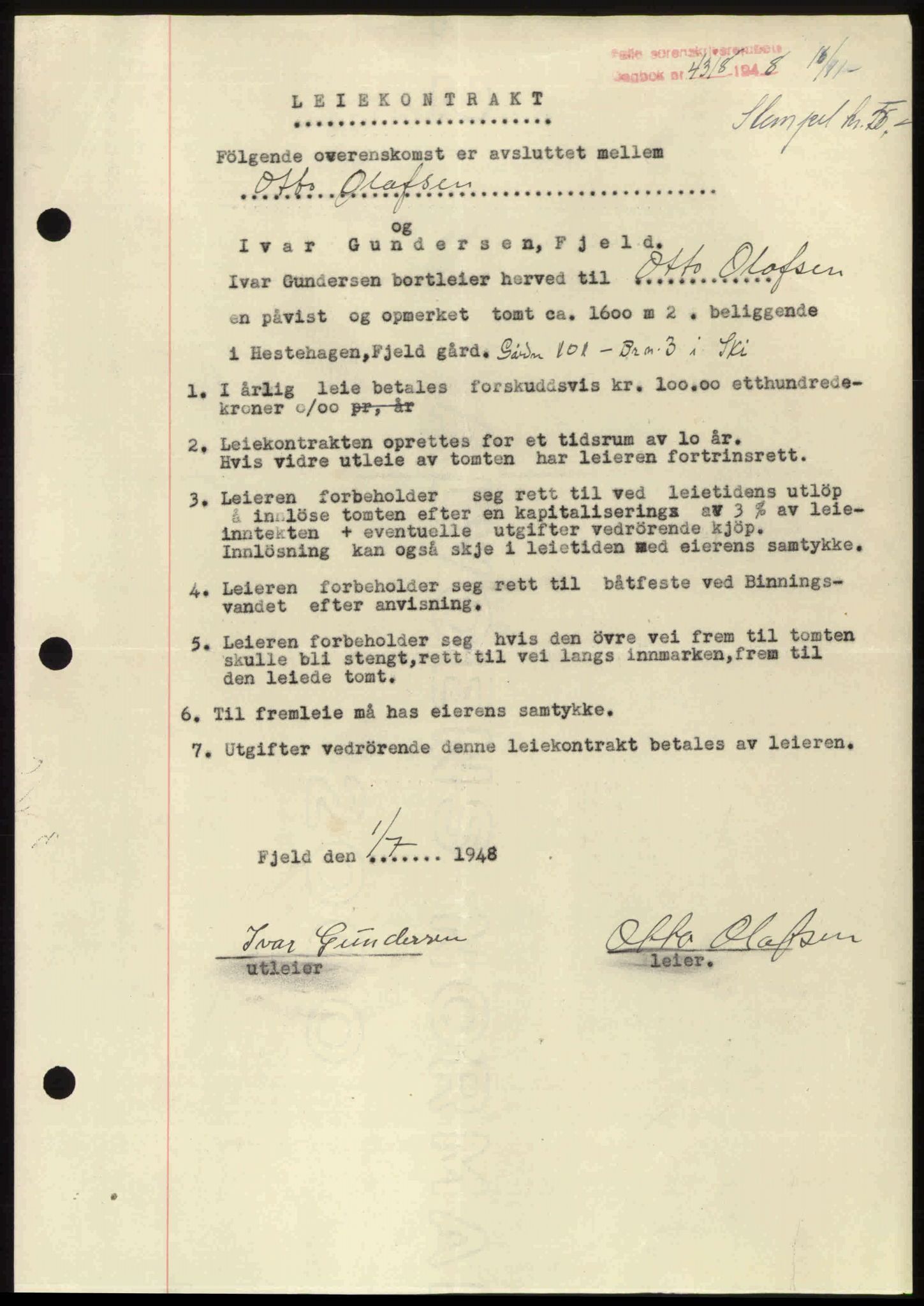 Follo sorenskriveri, SAO/A-10274/G/Ga/Gaa/L0085: Pantebok nr. I 85, 1948-1948, Dagboknr: 4318/1948